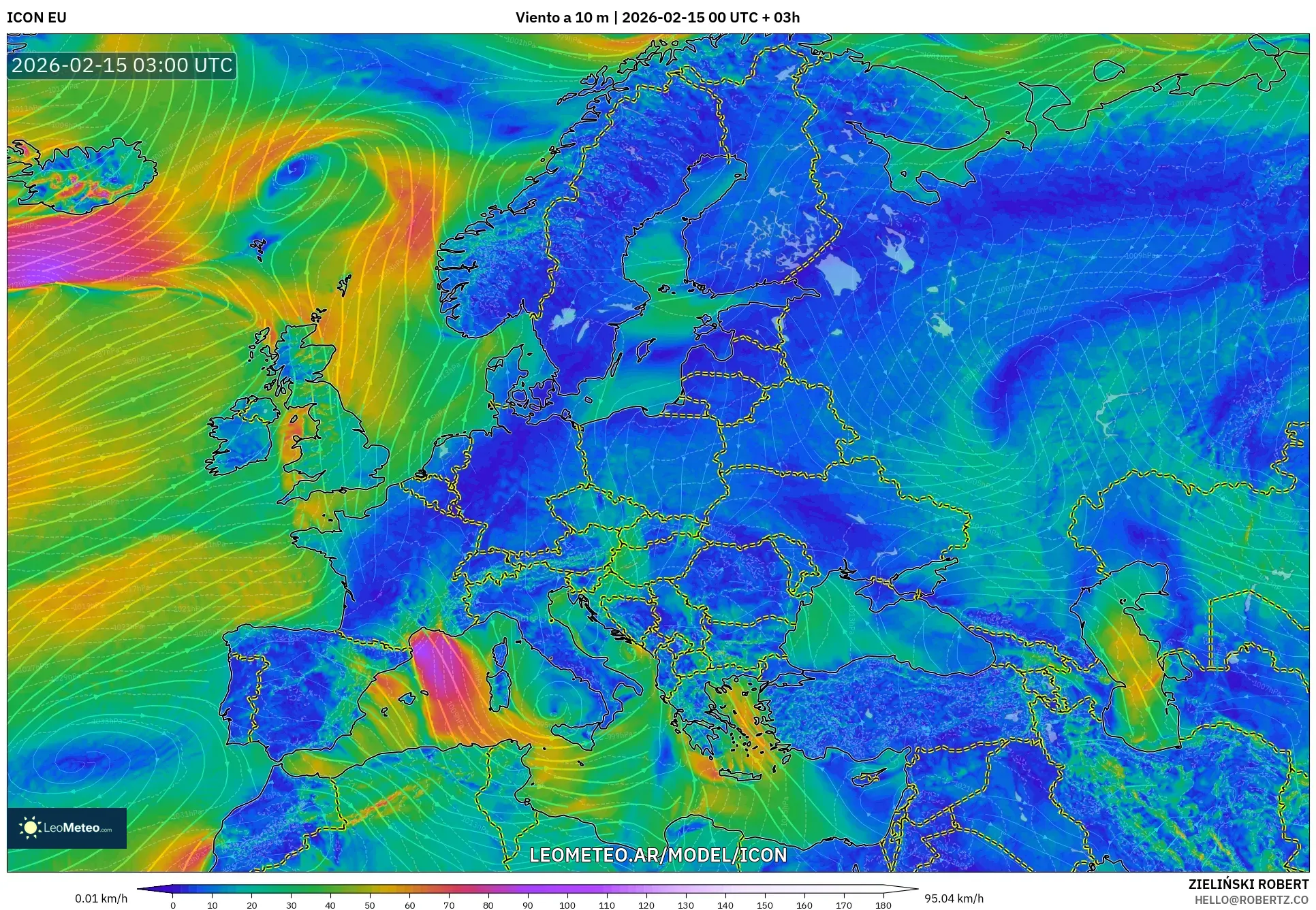 ICON model - Europa, Viento a 10 m