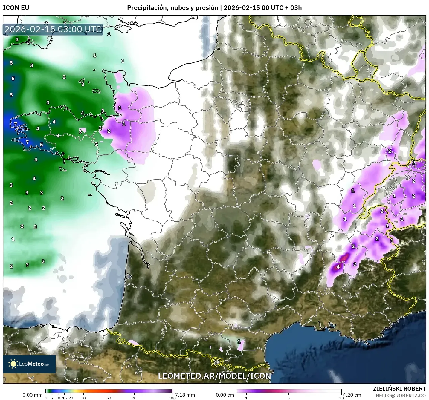 ICON model - Francia, Precipitación, nubes y presión