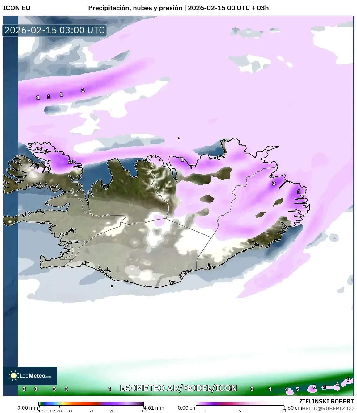 ICON model - Islandia, Precipitación, nubes y presión