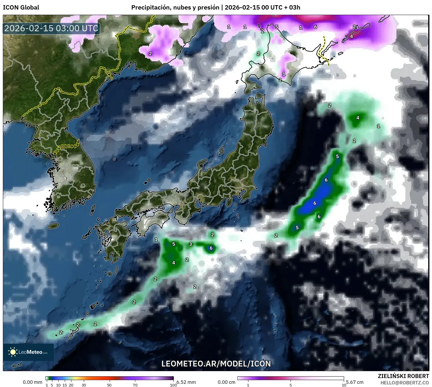 ICON model - Japón, Precipitación, nubes y presión