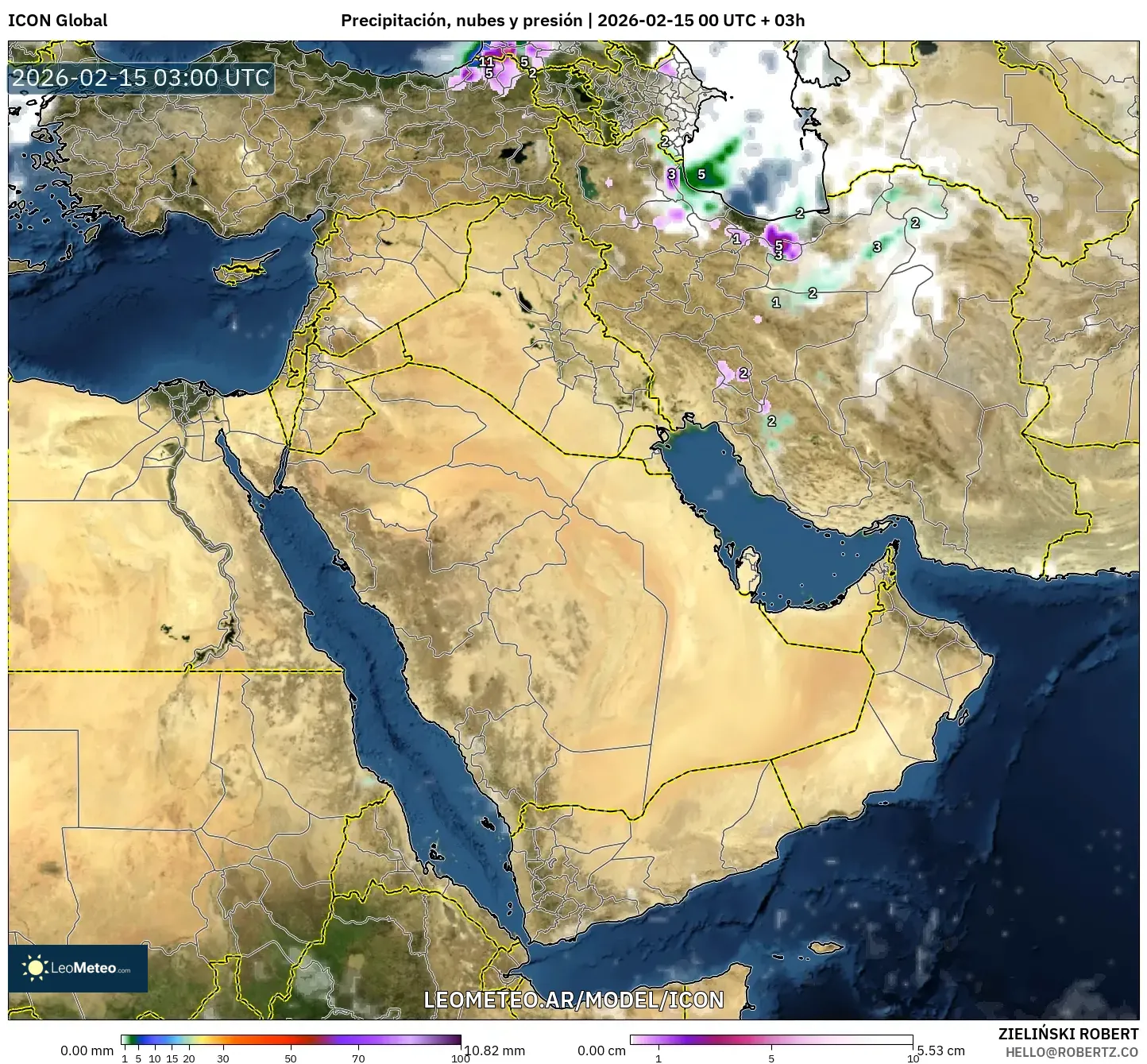 ICON model - Oriente Medio, Precipitación, nubes y presión