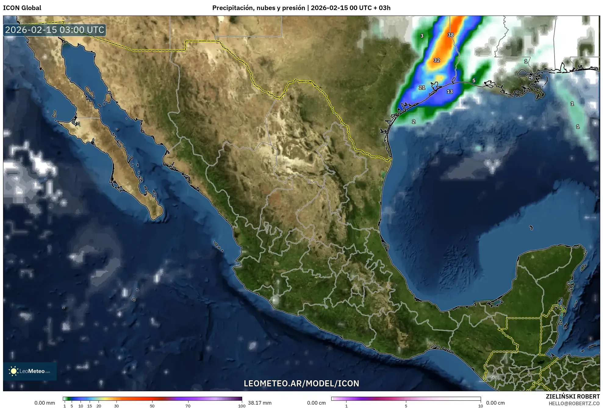 ICON model - México, Precipitación, nubes y presión