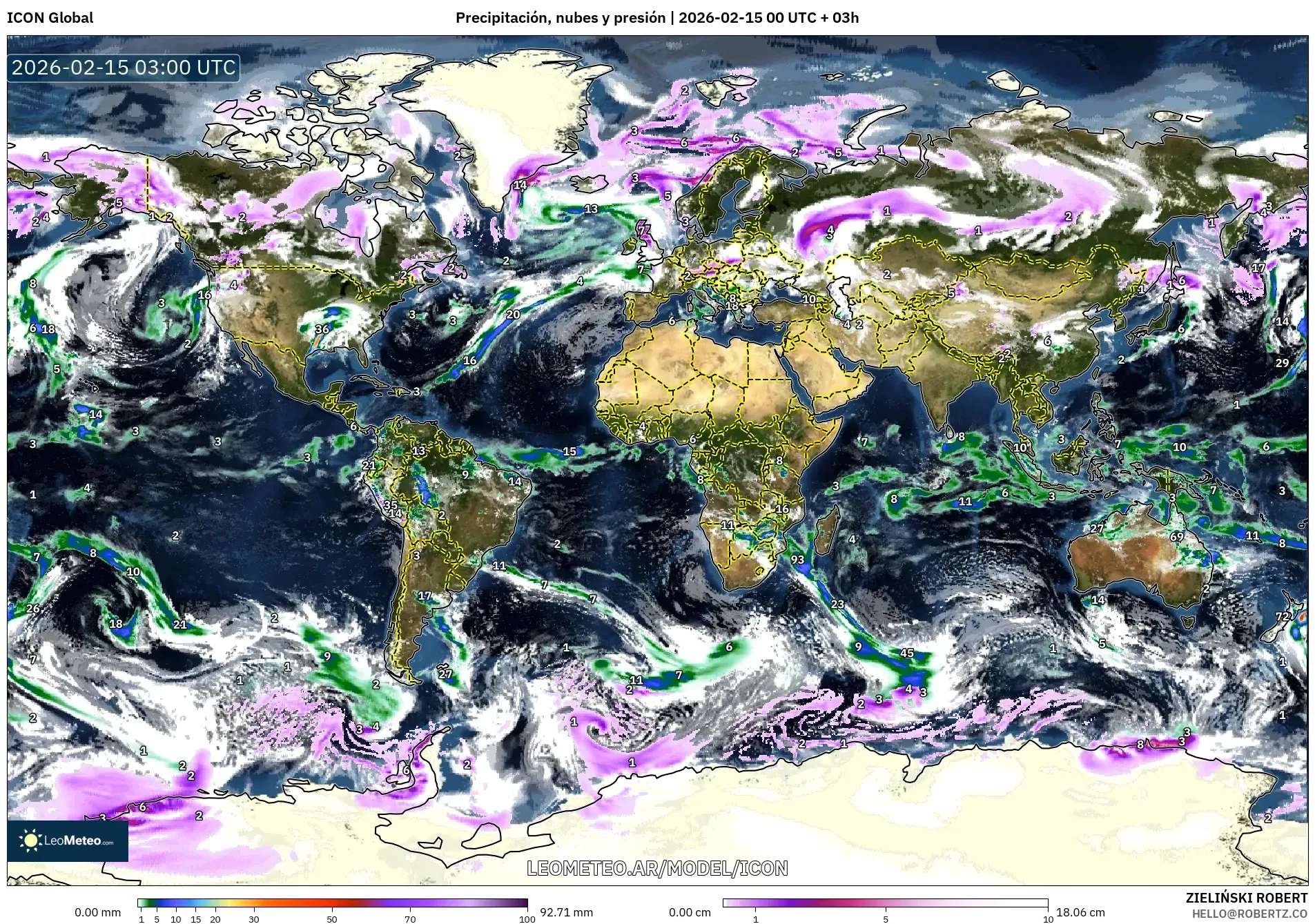 ICON model - Mundo, Precipitación, nubes y presión