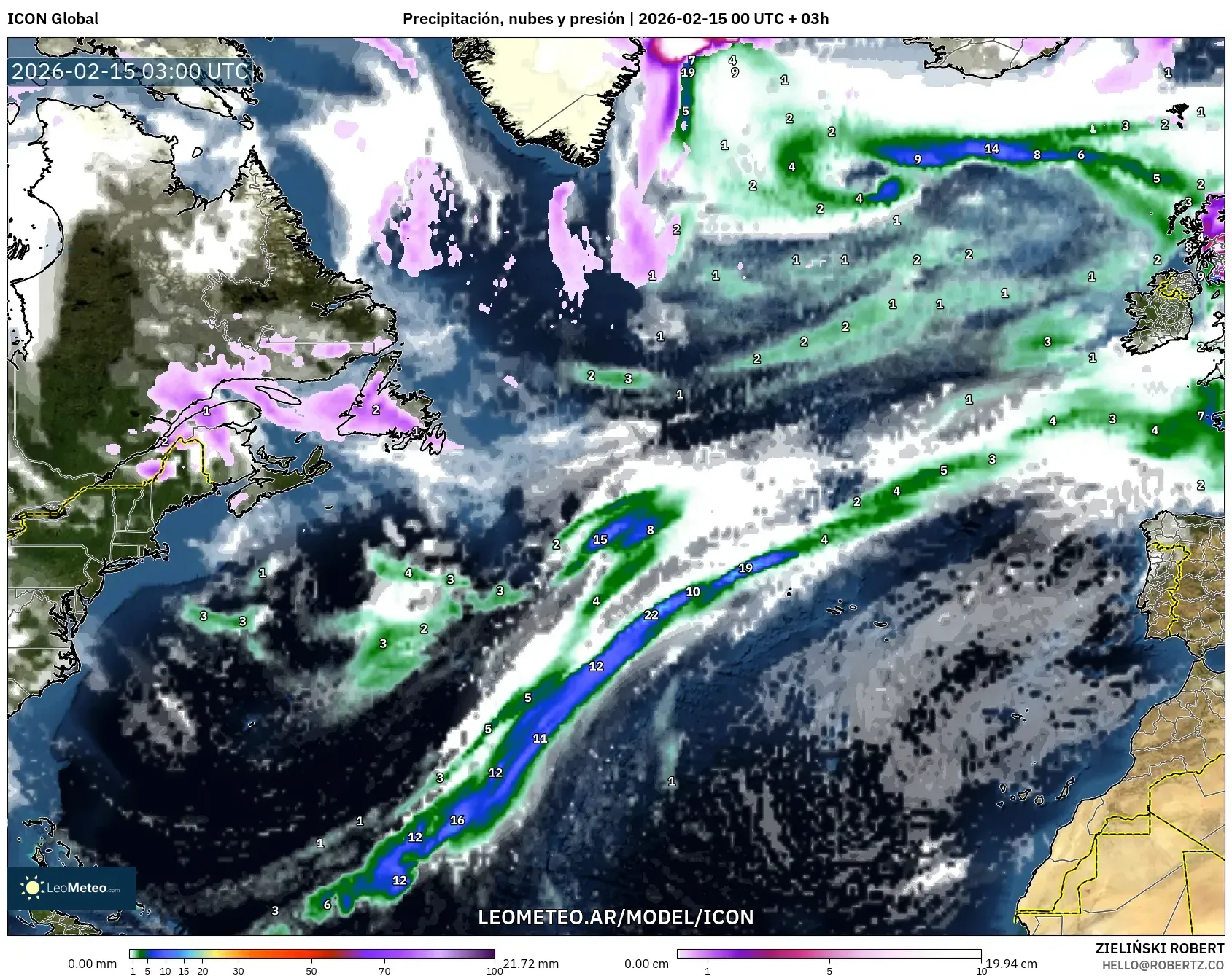 ICON model - Norte Atlántico, Precipitación, nubes y presión