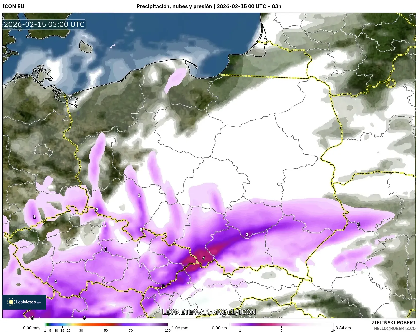 ICON model - Polonia, Precipitación, nubes y presión