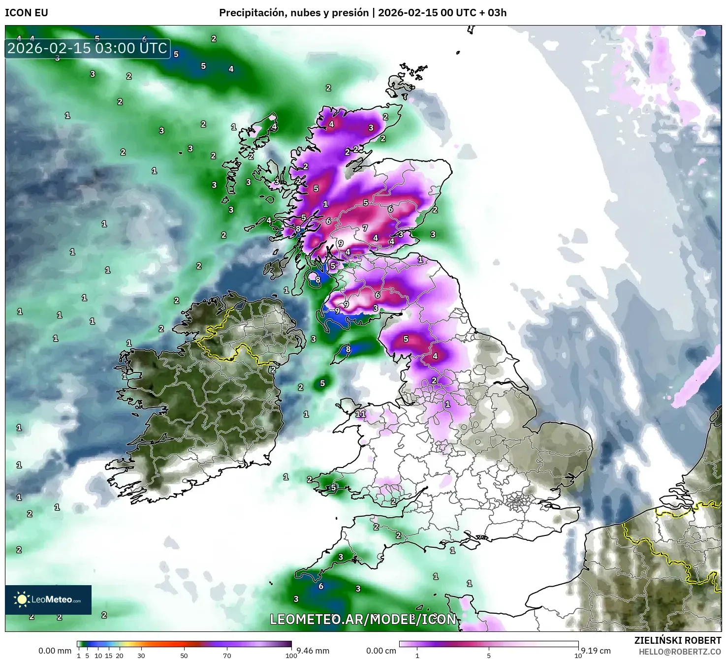ICON model - Reino Unido, Precipitación, nubes y presión