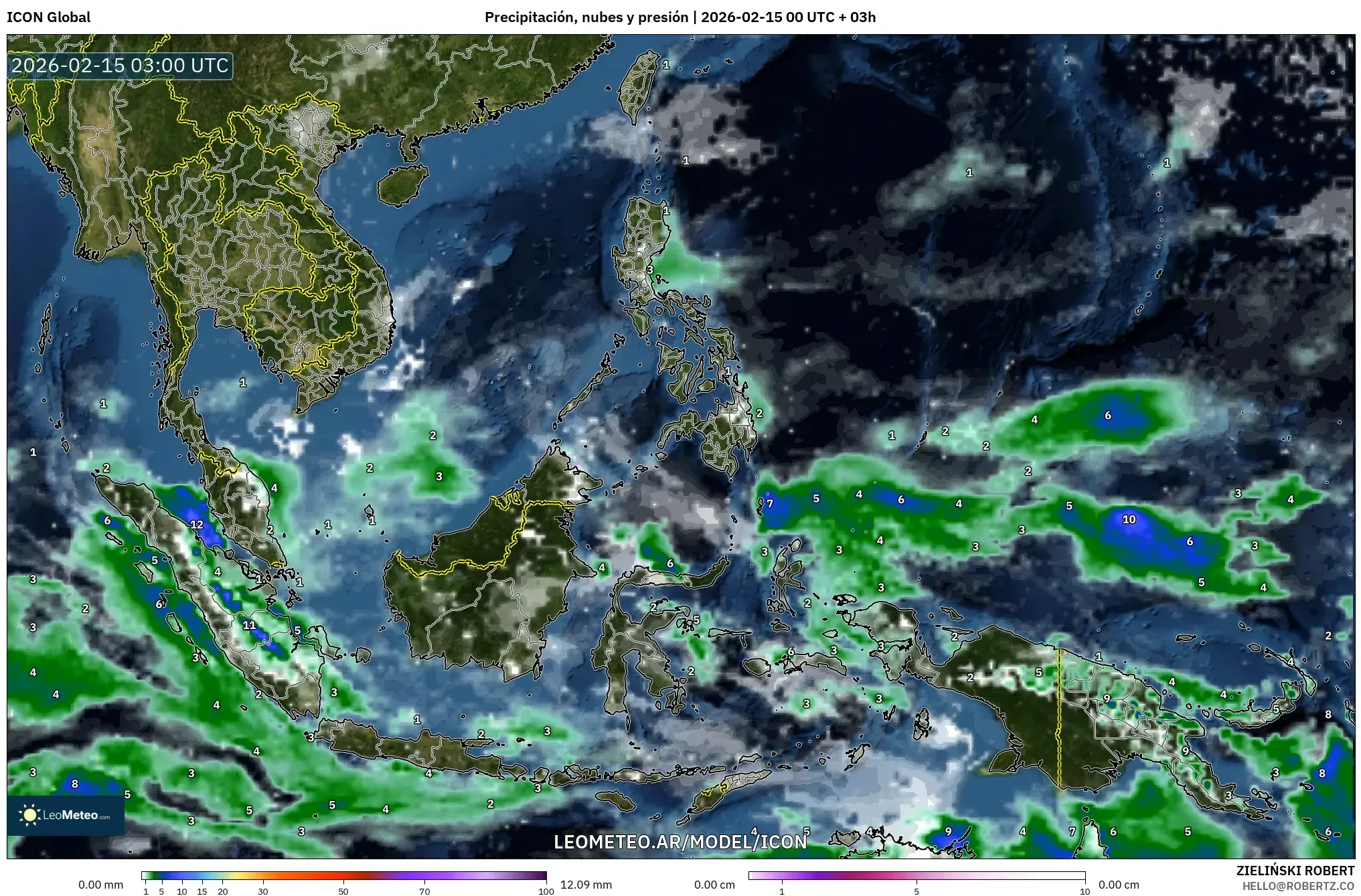 ICON model - Sudeste Asiático, Precipitación, nubes y presión