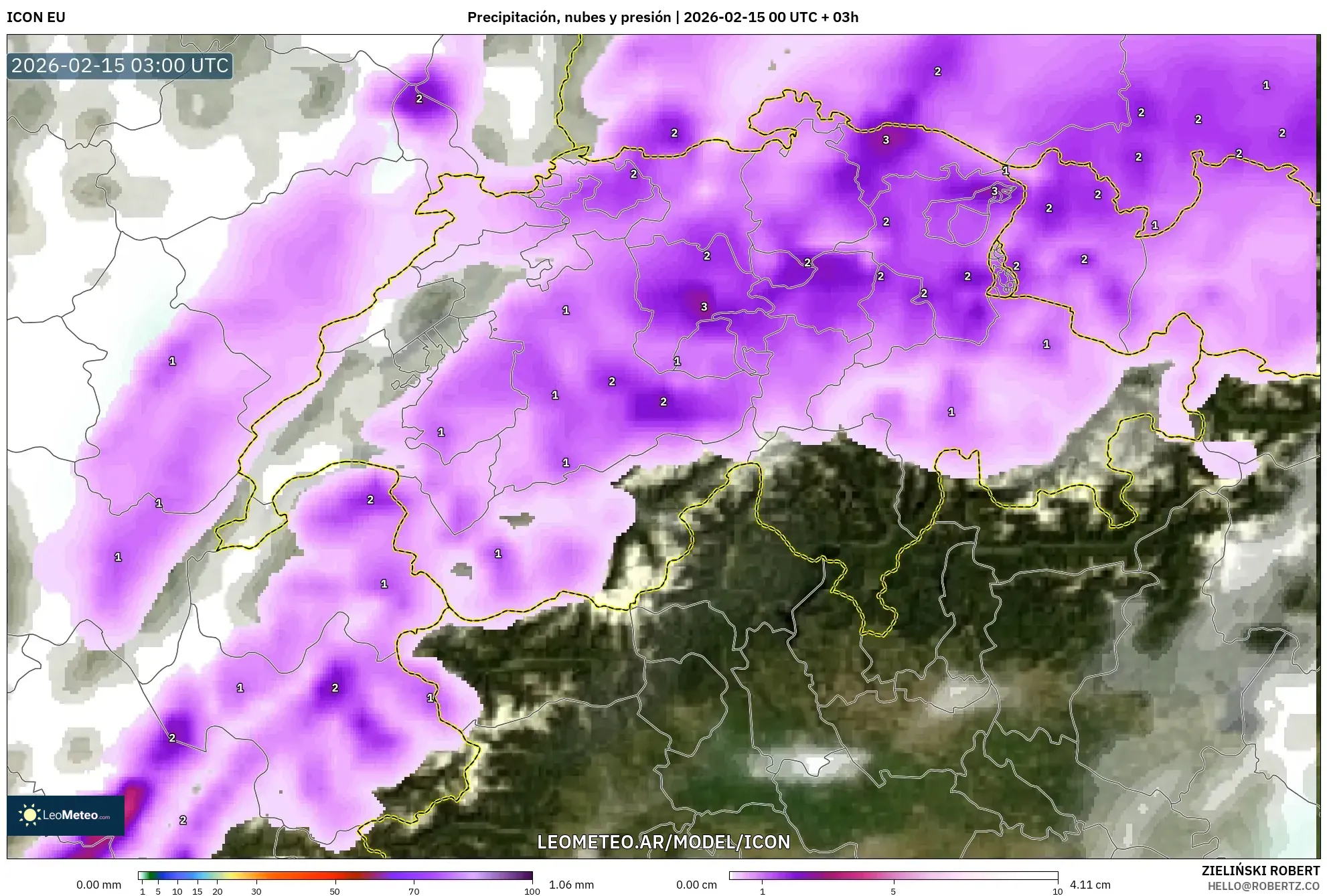 ICON model - Suiza, Precipitación, nubes y presión