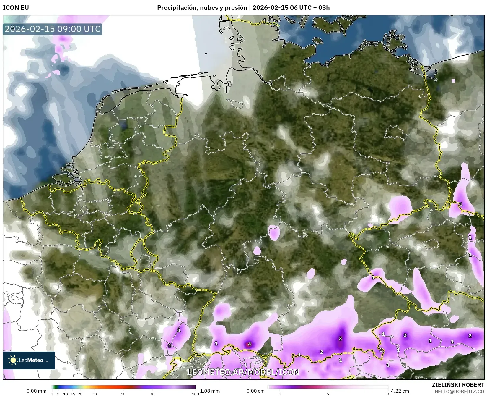 ICON model - Alemania, Precipitación, nubes y presión