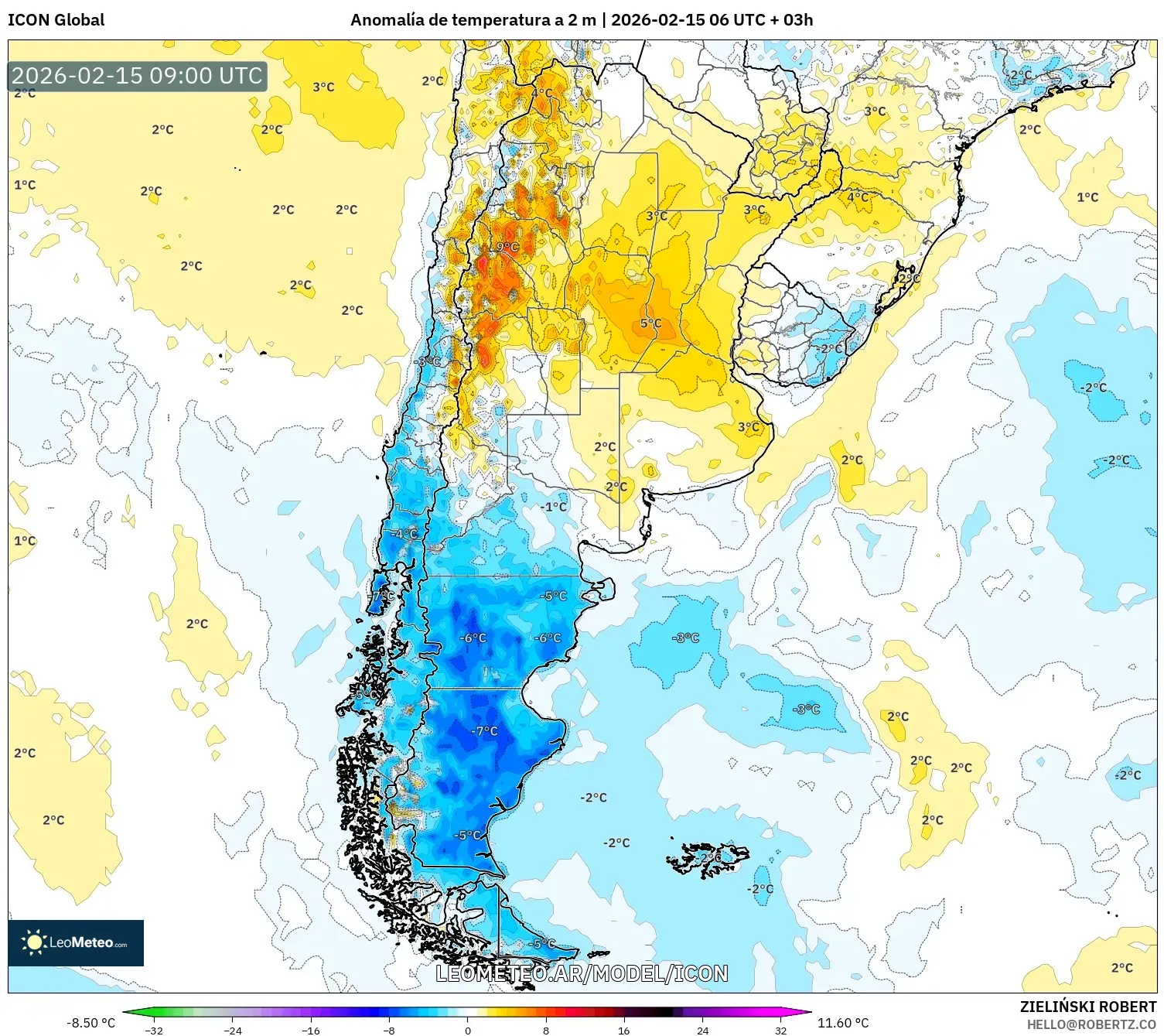 ICON model - Argentina, Anomalía de temperatura a 2 m