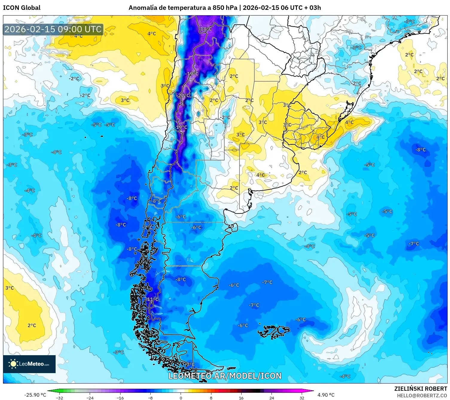 ICON model - Argentina, Anomalía de temperatura a 850 hPa