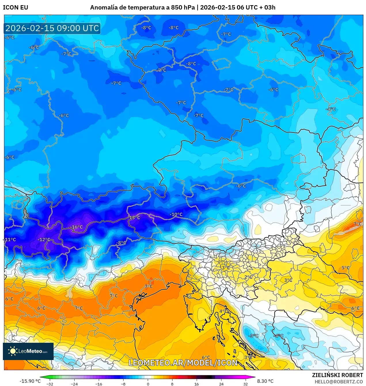 ICON model - Austria, Anomalía de temperatura a 850 hPa