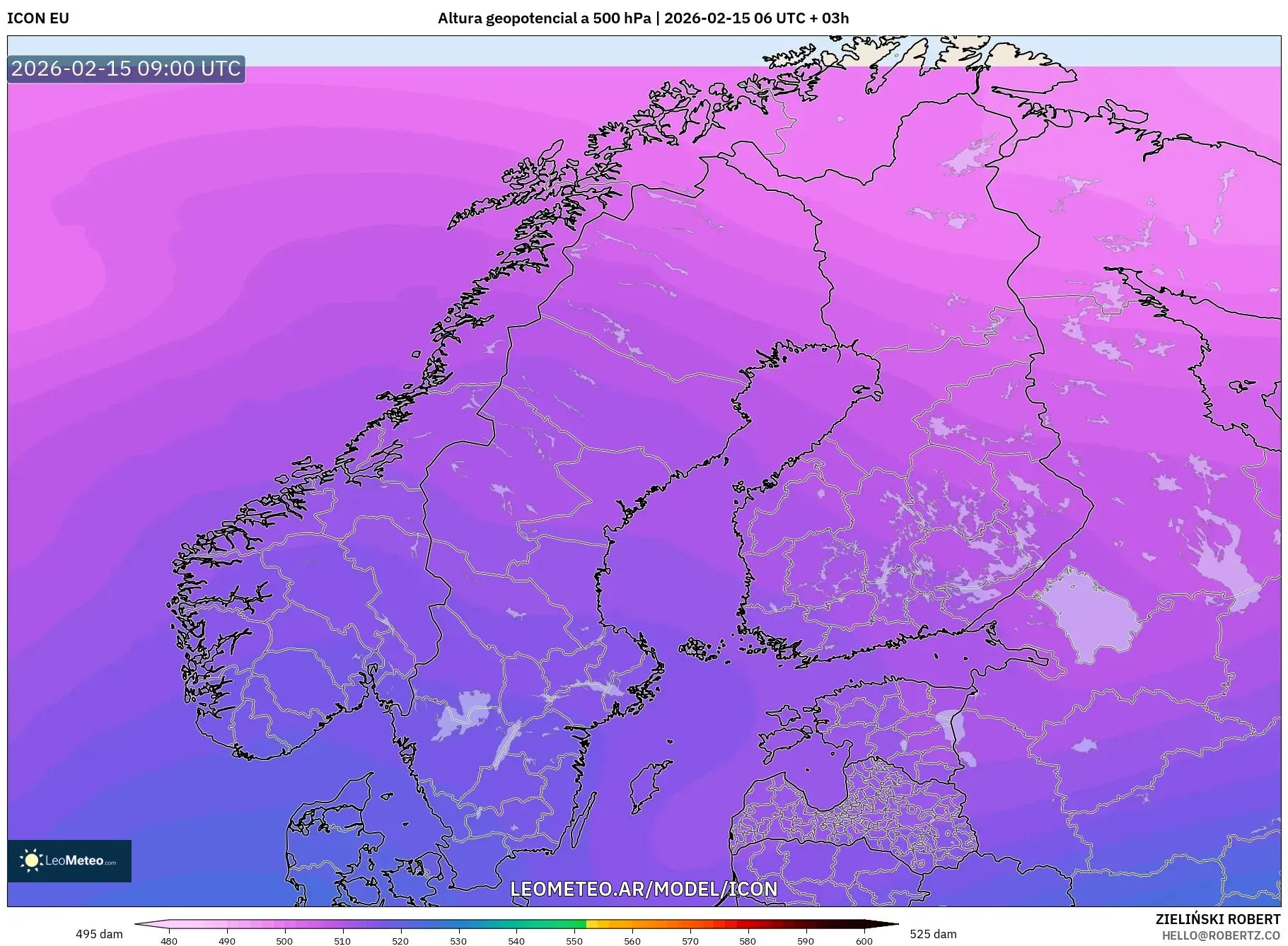 ICON model - Escandinavia, Altura geopotencial a 500 hPa