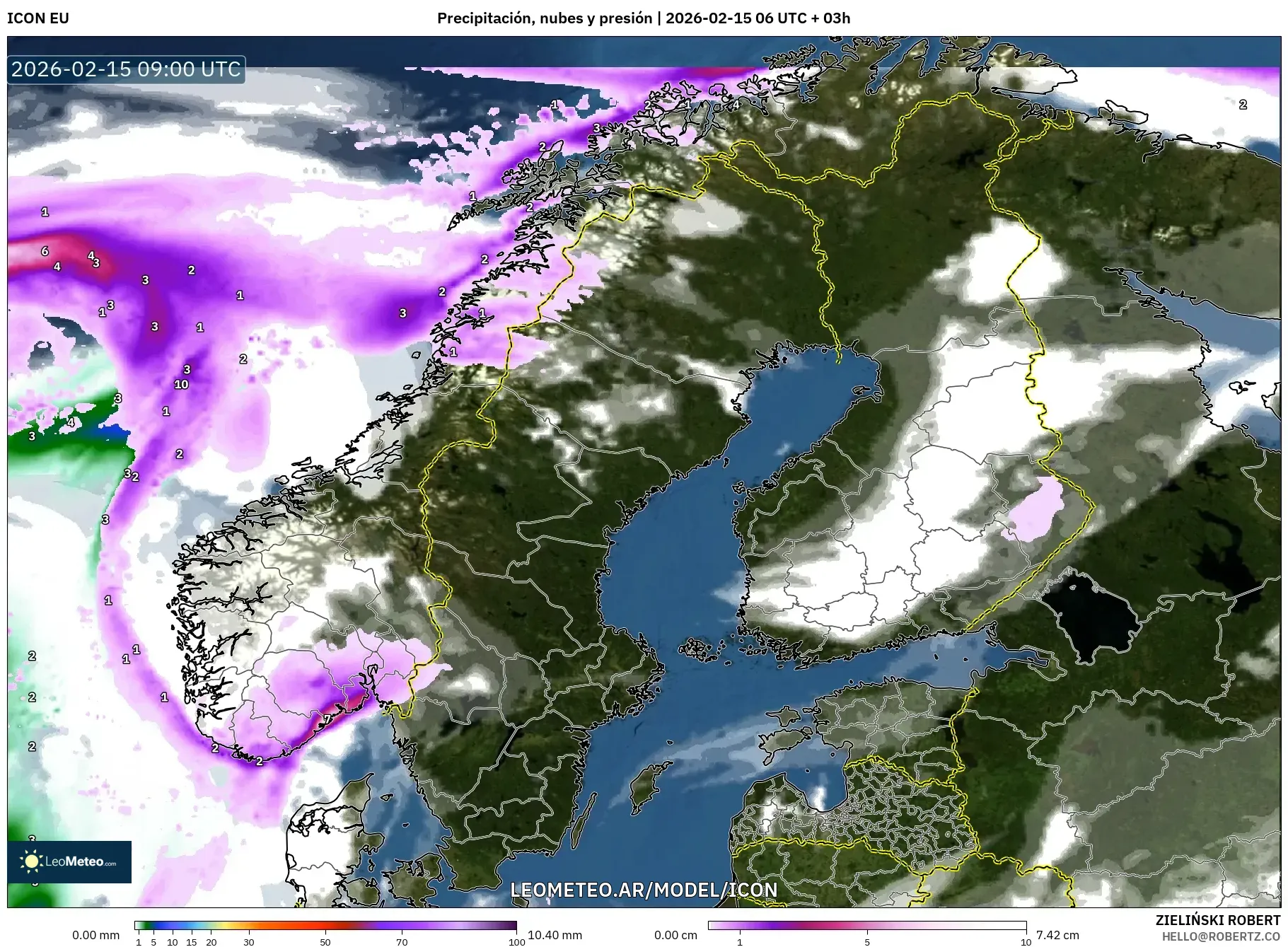 ICON model - Escandinavia, Precipitación, nubes y presión