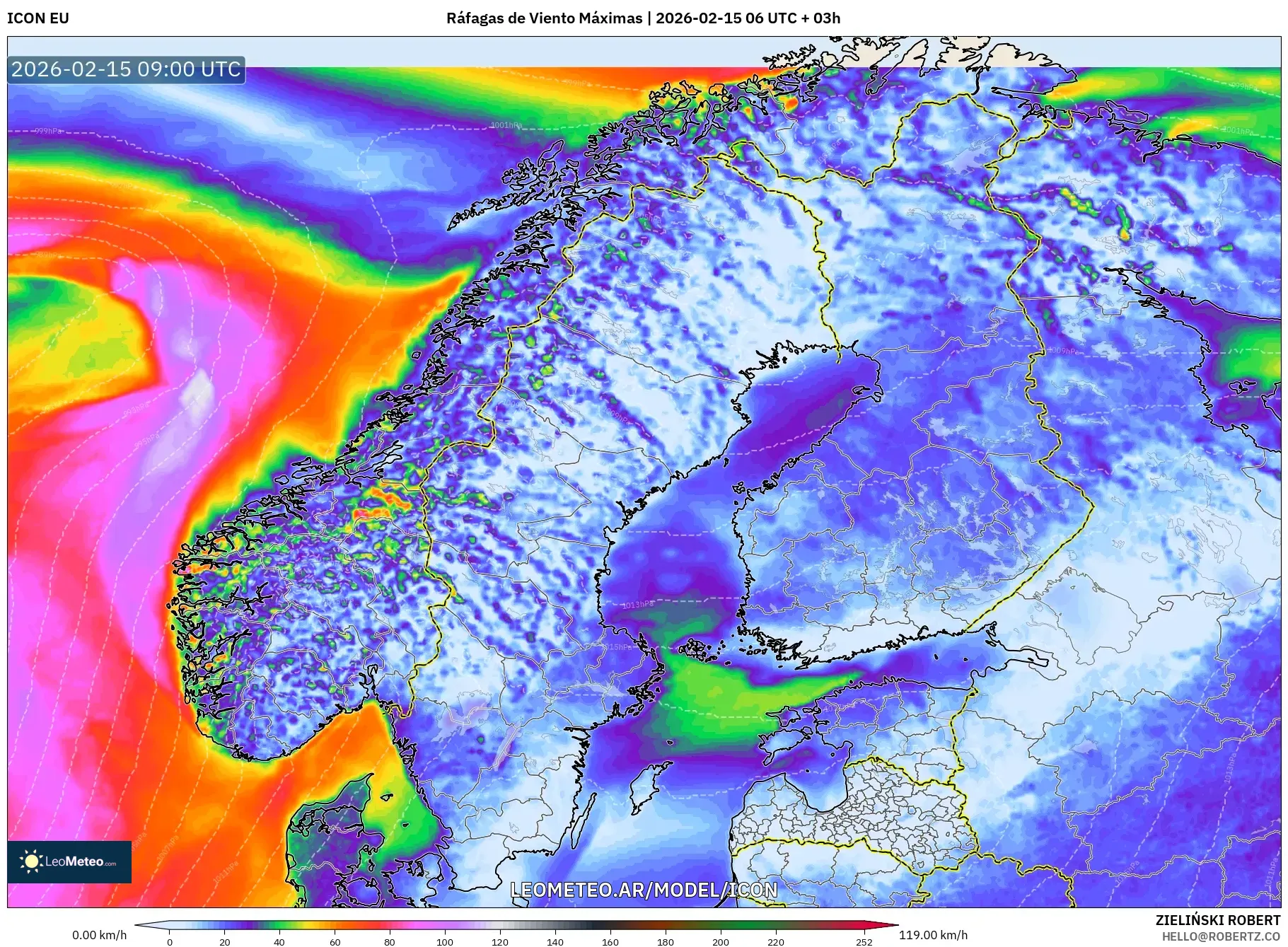 ICON model - Escandinavia, Ráfagas de Viento Máximas