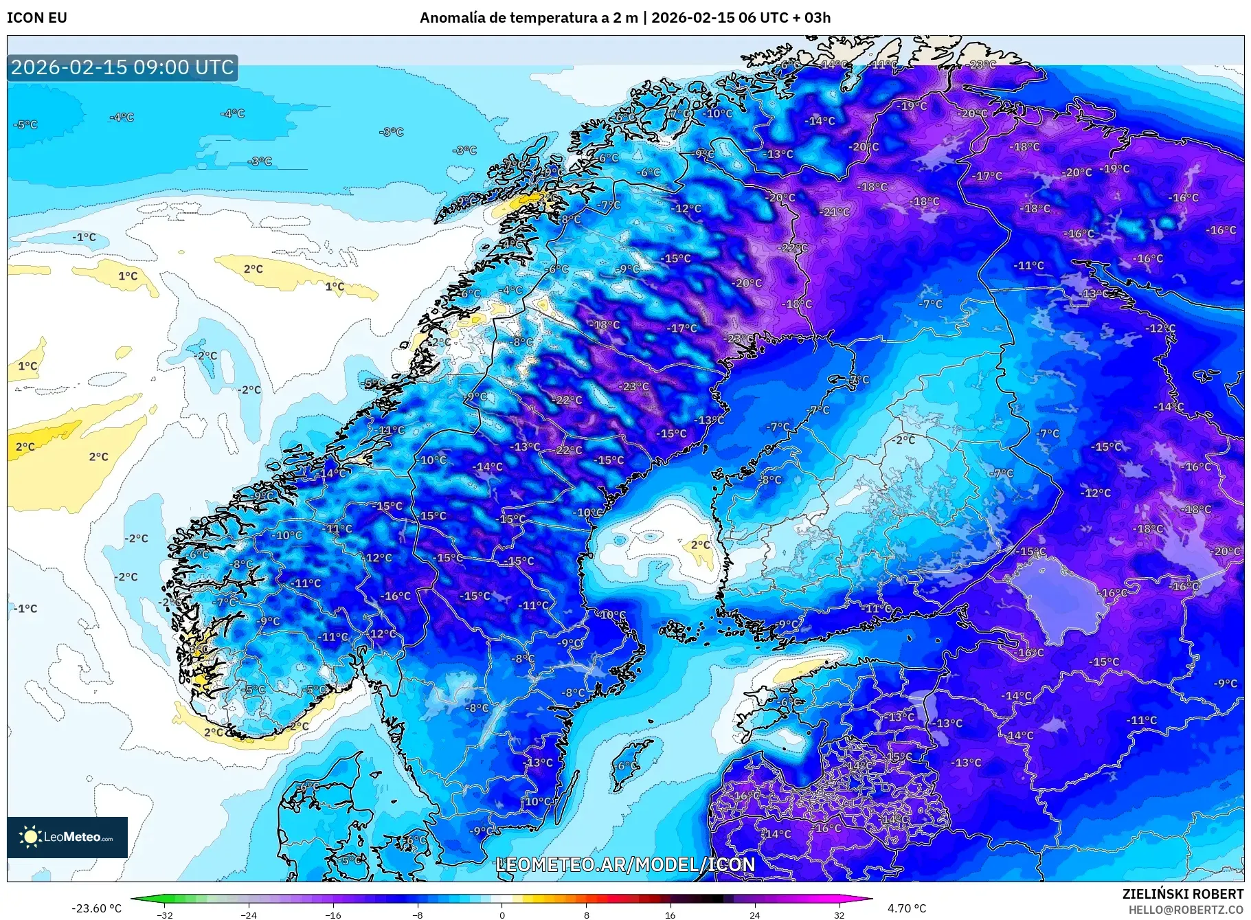 ICON model - Escandinavia, Anomalía de temperatura a 2 m
