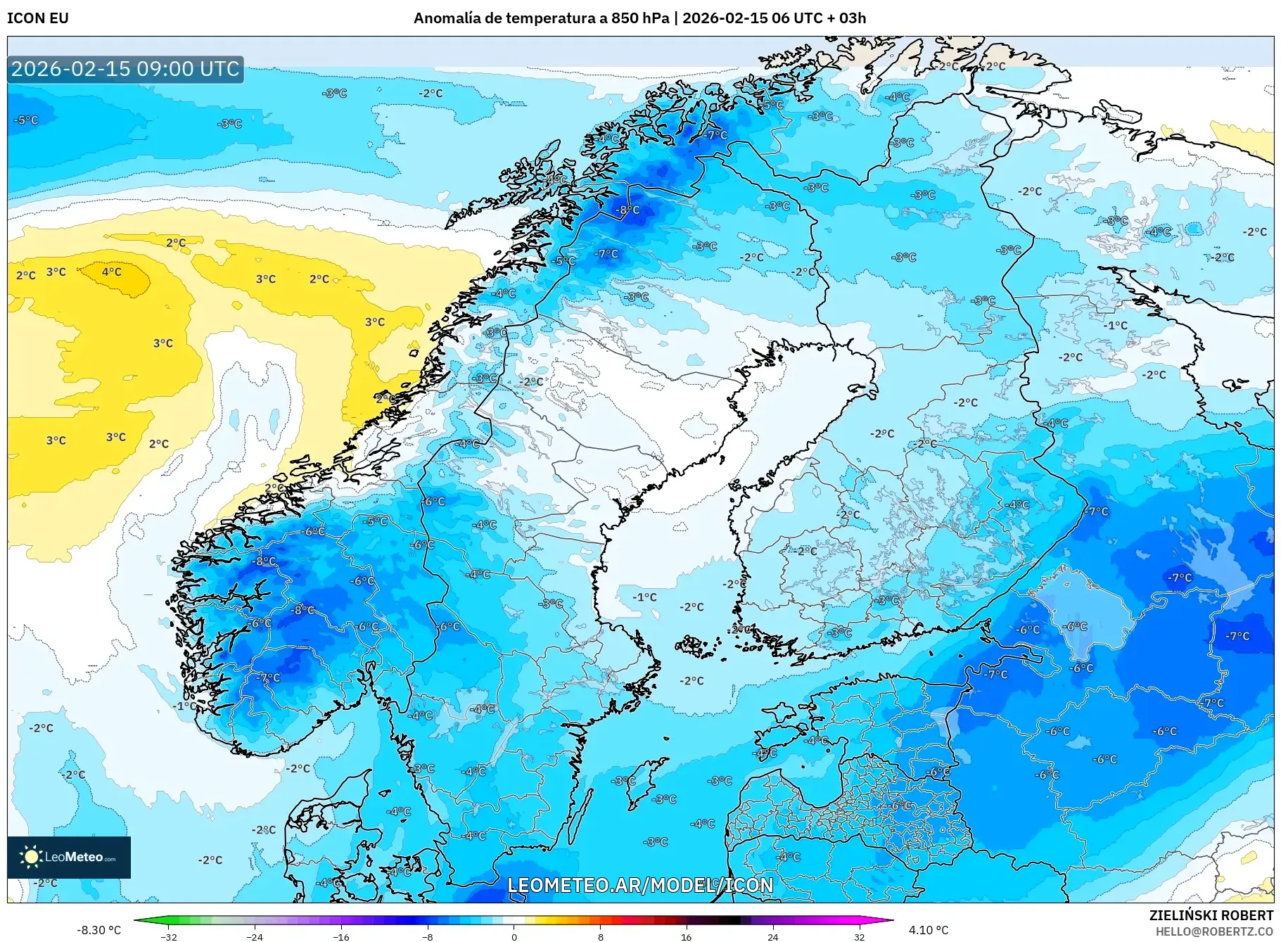 ICON model - Escandinavia, Anomalía de temperatura a 850 hPa