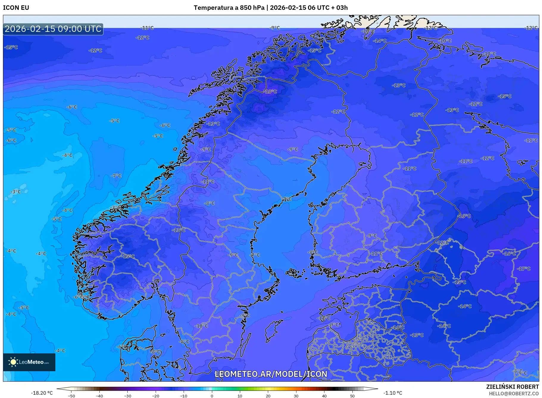 ICON model - Escandinavia, Temperatura a 850 hPa