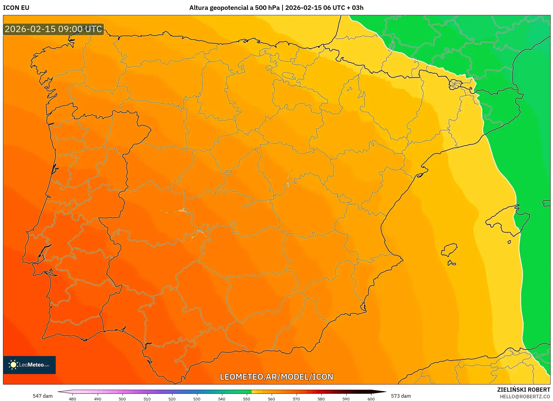 ICON model - España, Altura geopotencial a 500 hPa