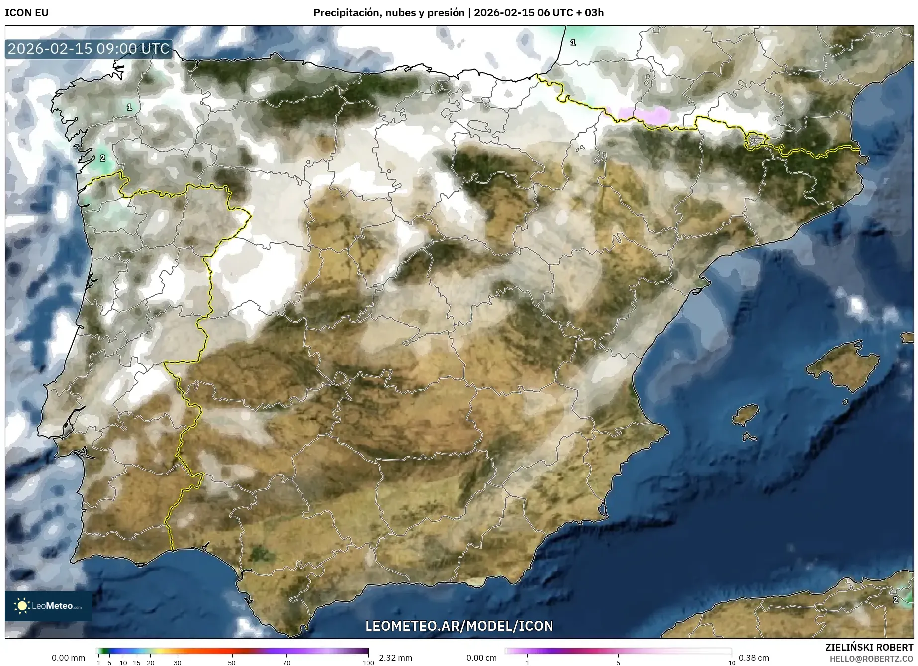 ICON model - España, Precipitación, nubes y presión