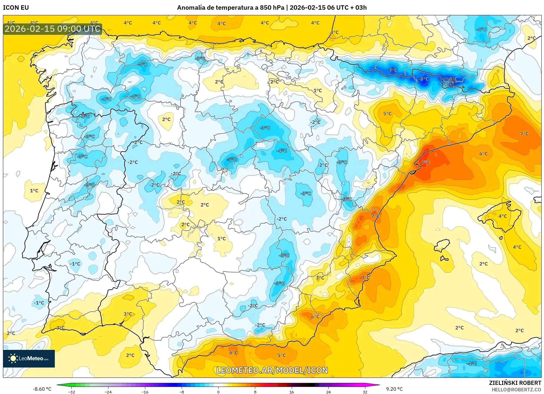 ICON model - España, Anomalía de temperatura a 850 hPa