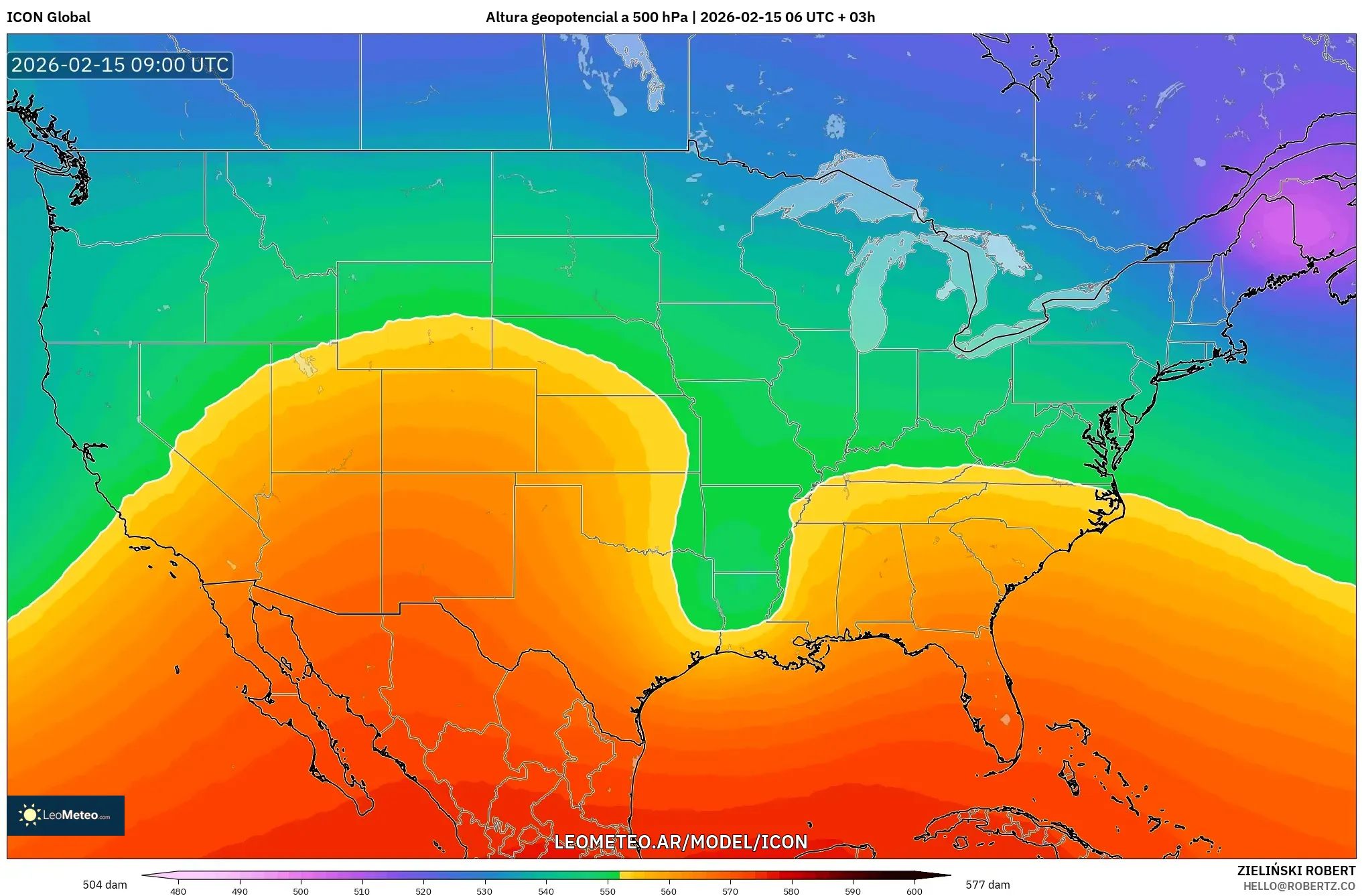 ICON model - Estados Unidos, Altura geopotencial a 500 hPa