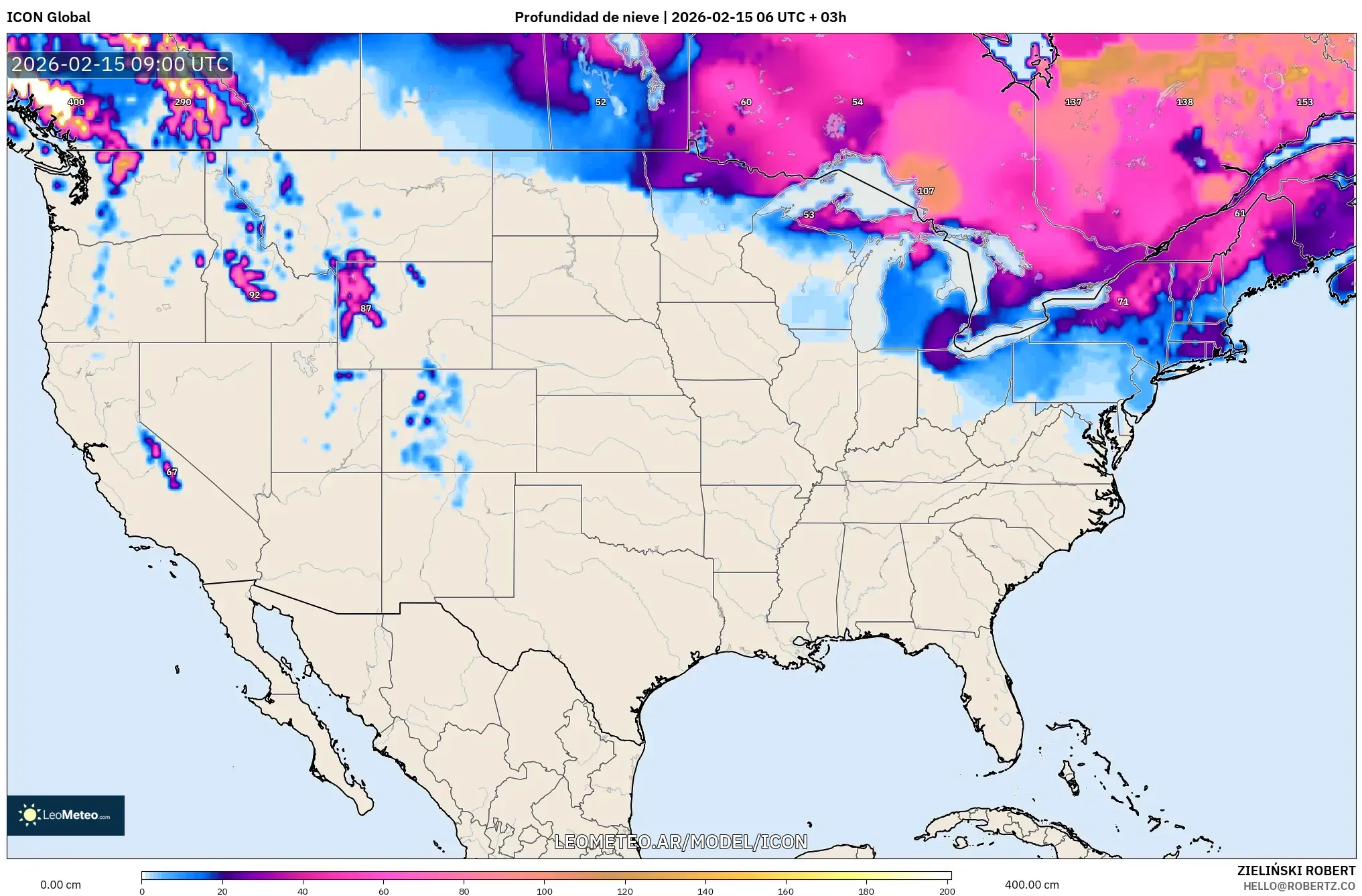 ICON model - Estados Unidos, Profundidad de nieve