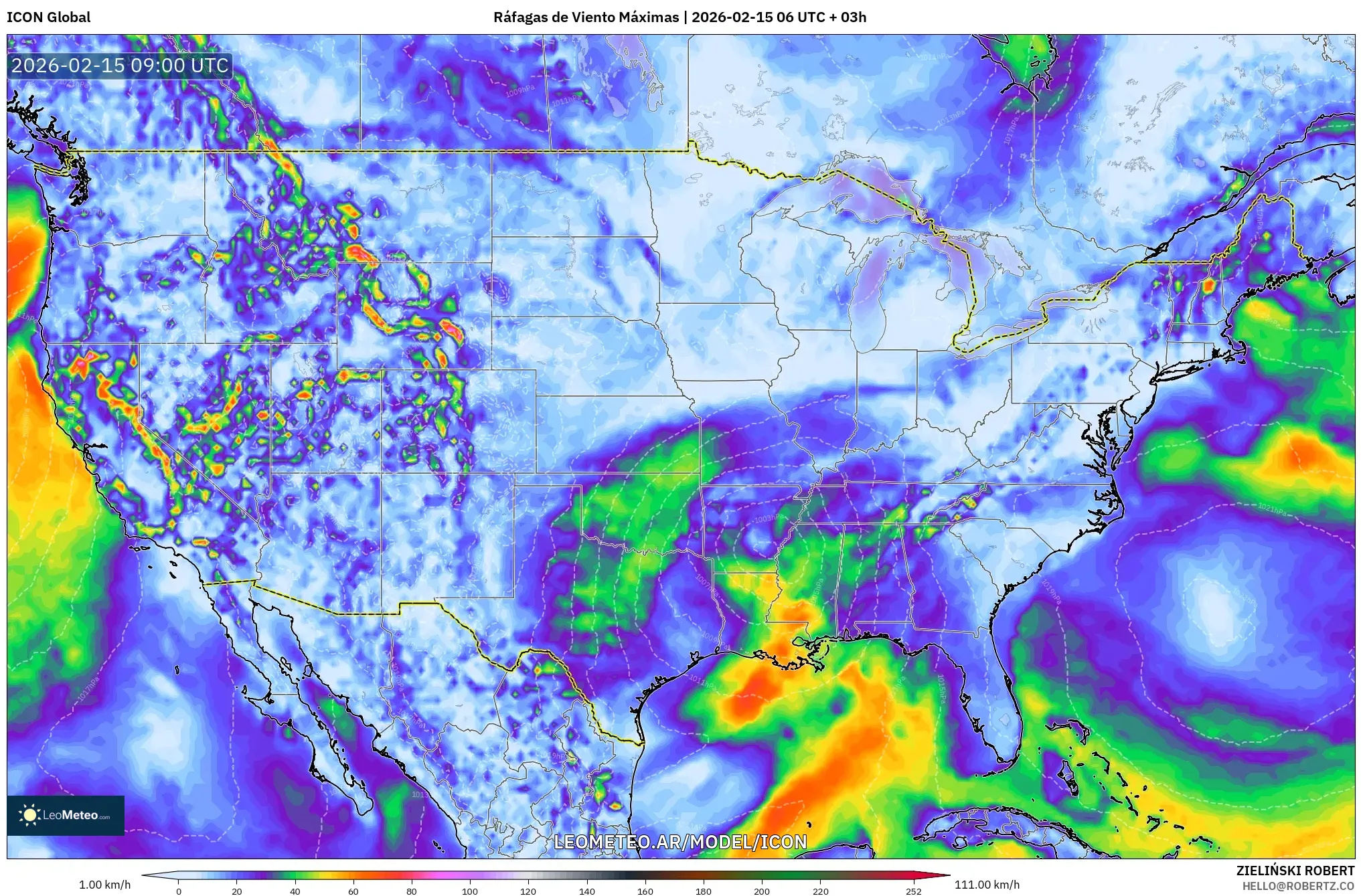 ICON model - Estados Unidos, Ráfagas de Viento Máximas
