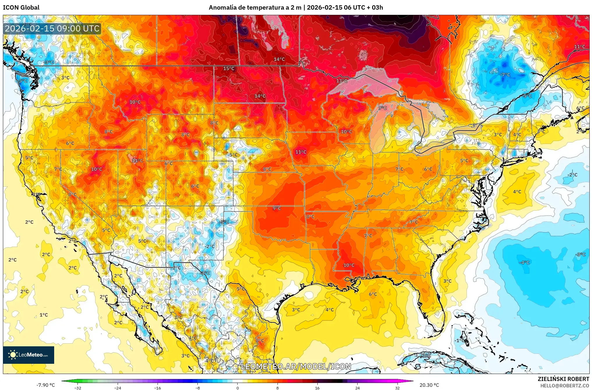 ICON model - Estados Unidos, Anomalía de temperatura a 2 m