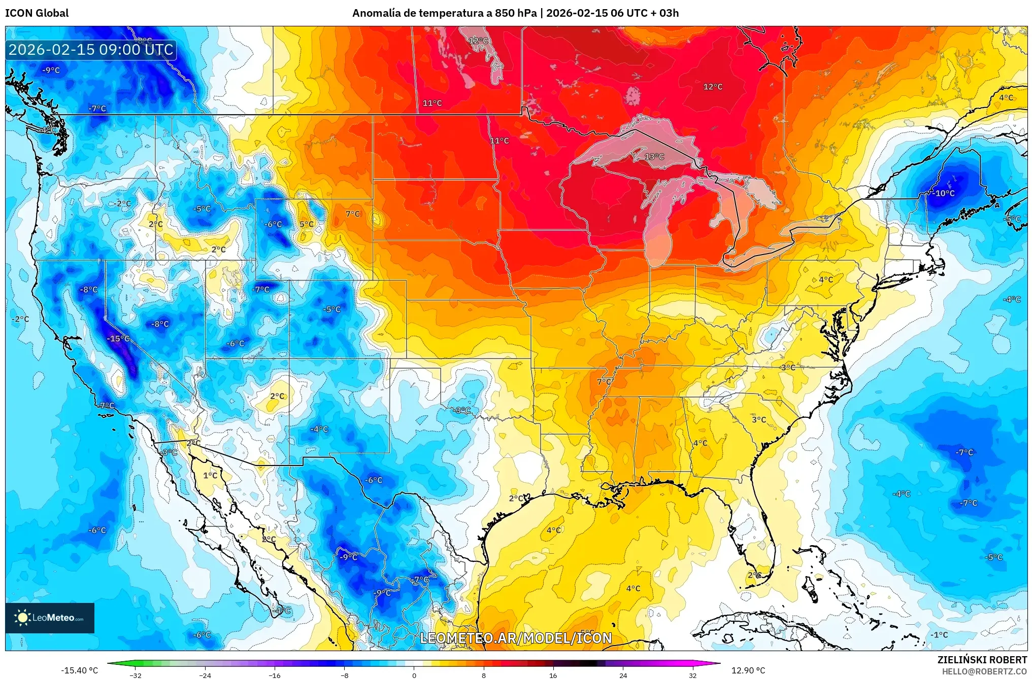 ICON model - Estados Unidos, Anomalía de temperatura a 850 hPa