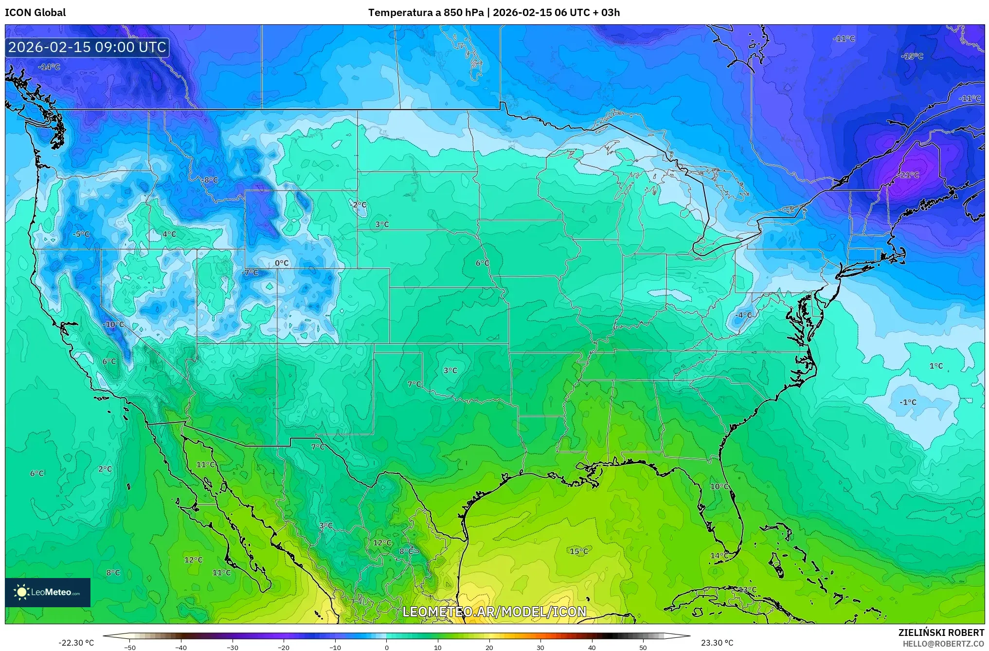 ICON model - Estados Unidos, Temperatura a 850 hPa