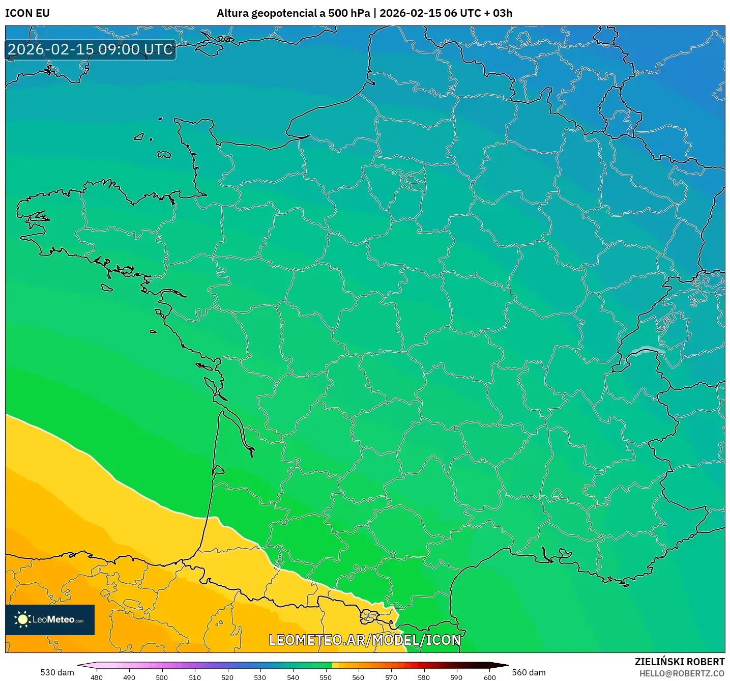 ICON model - Francia, Altura geopotencial a 500 hPa