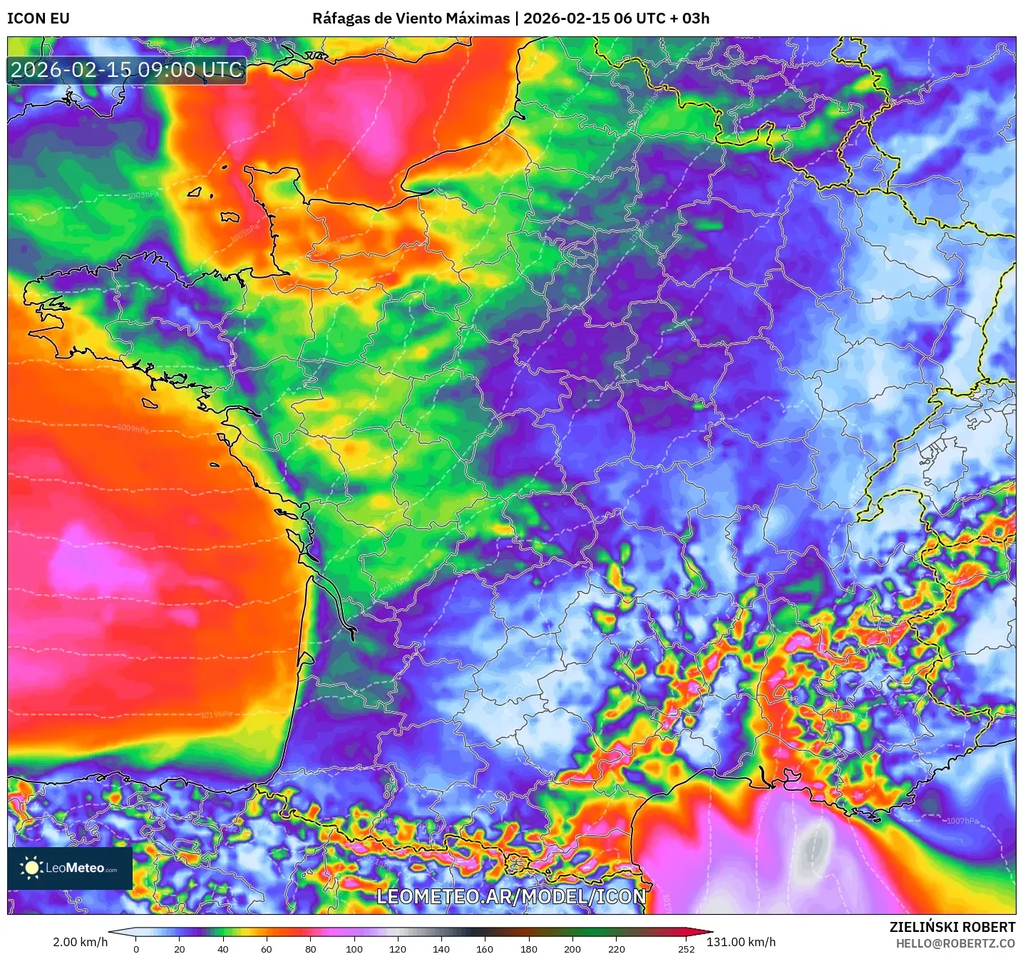 ICON model - Francia, Ráfagas de Viento Máximas