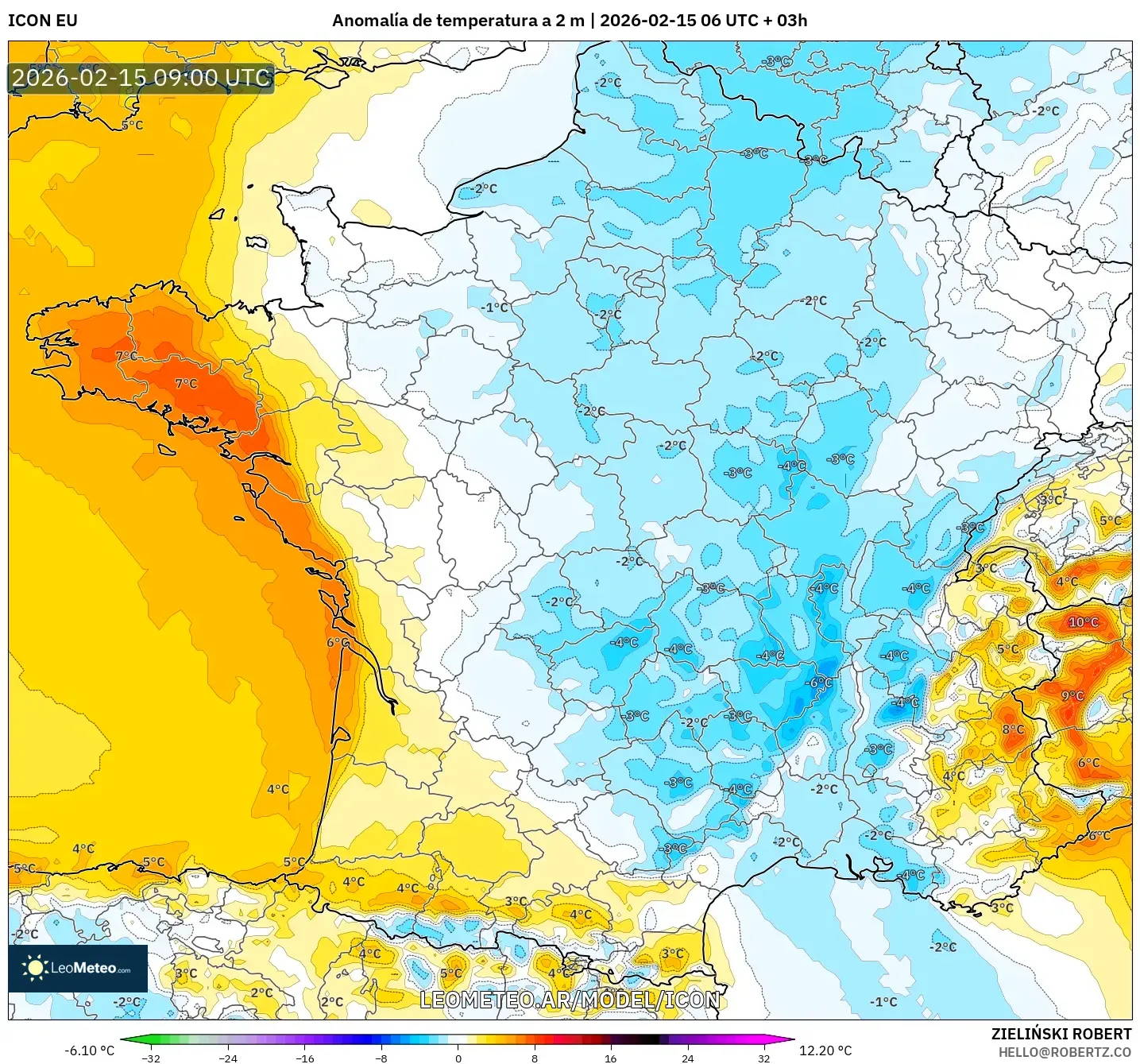 ICON model - Francia, Anomalía de temperatura a 2 m
