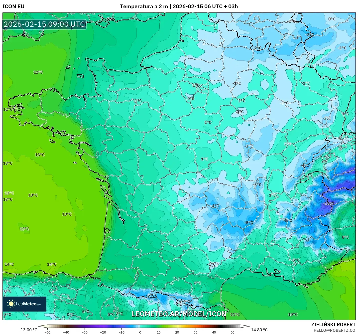 ICON model - Francia, Temperatura a 2 m