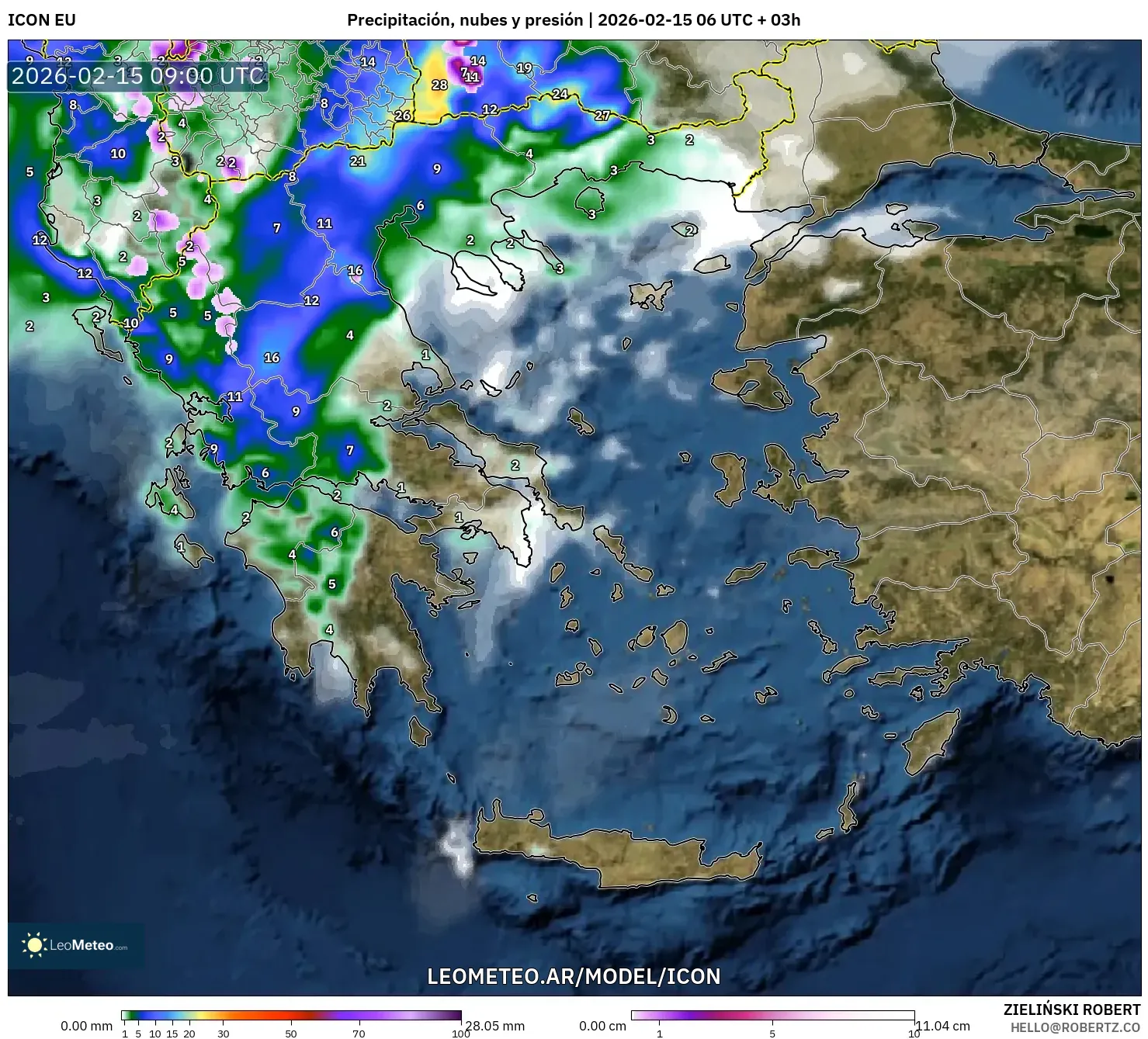 ICON model - Grecia, Precipitación, nubes y presión