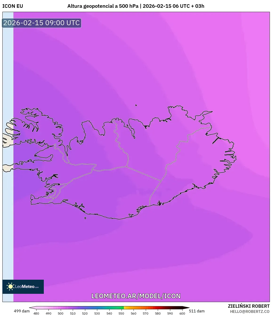 ICON model - Islandia, Altura geopotencial a 500 hPa