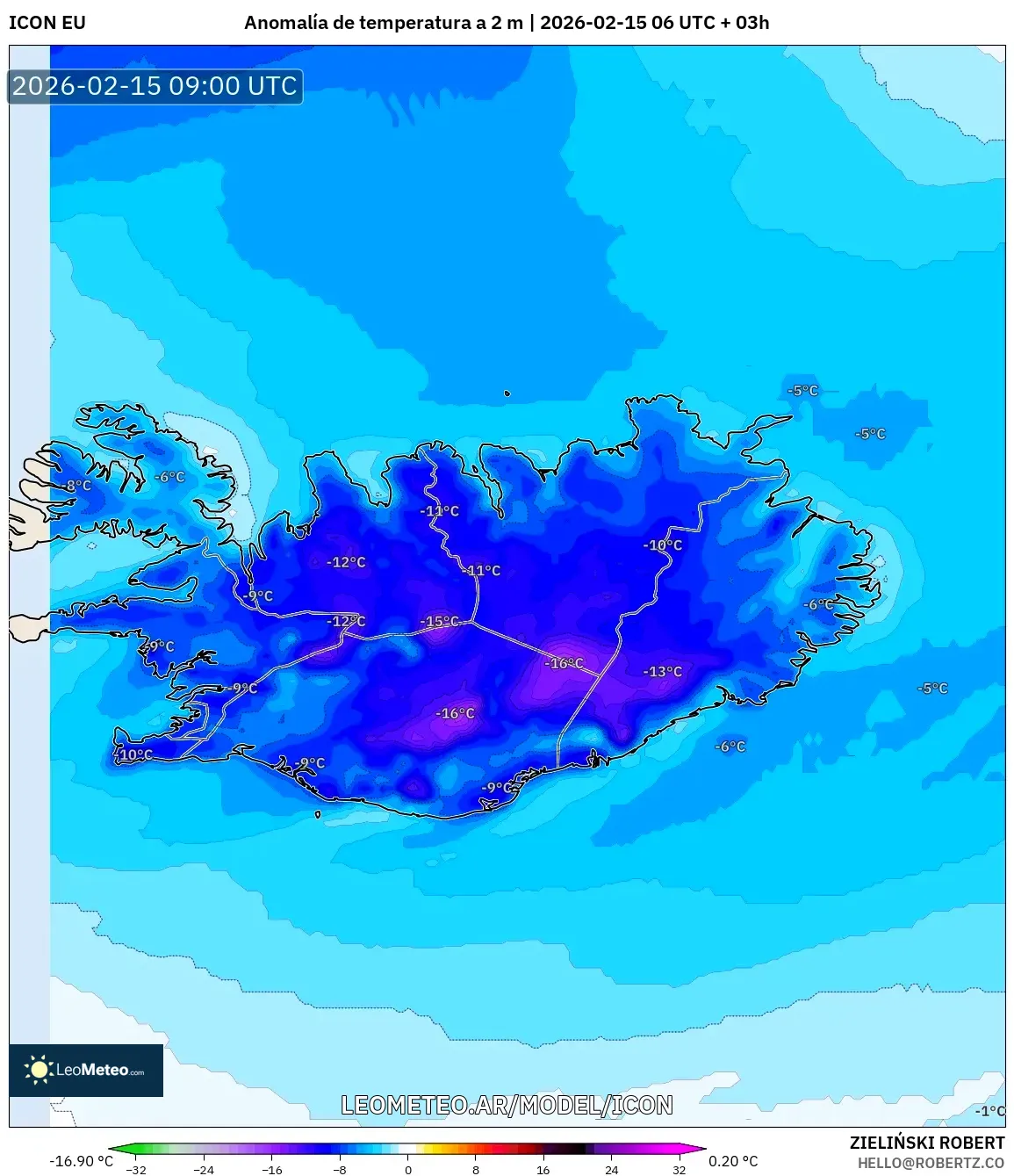 ICON model - Islandia, Anomalía de temperatura a 2 m