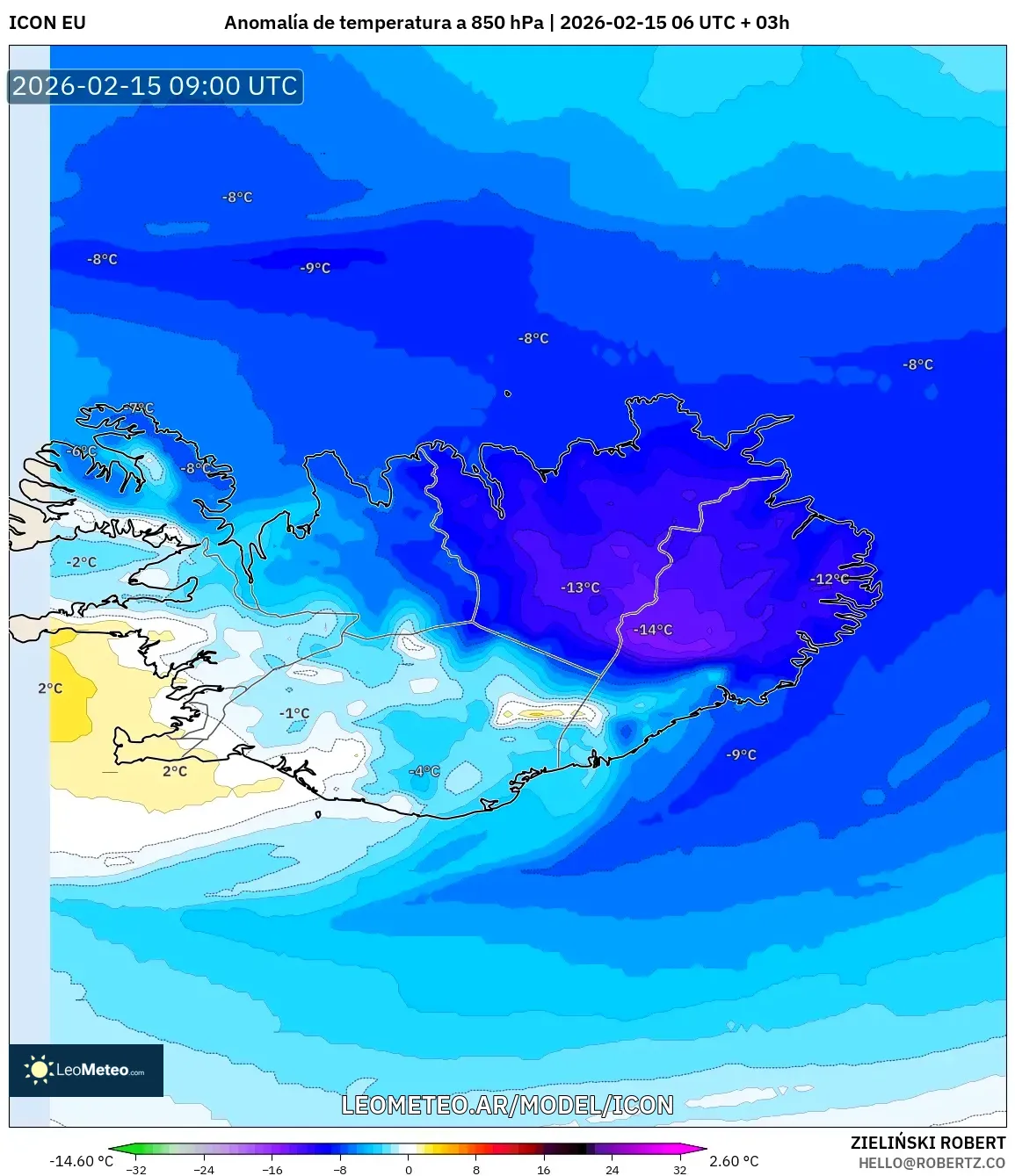 ICON model - Islandia, Anomalía de temperatura a 850 hPa