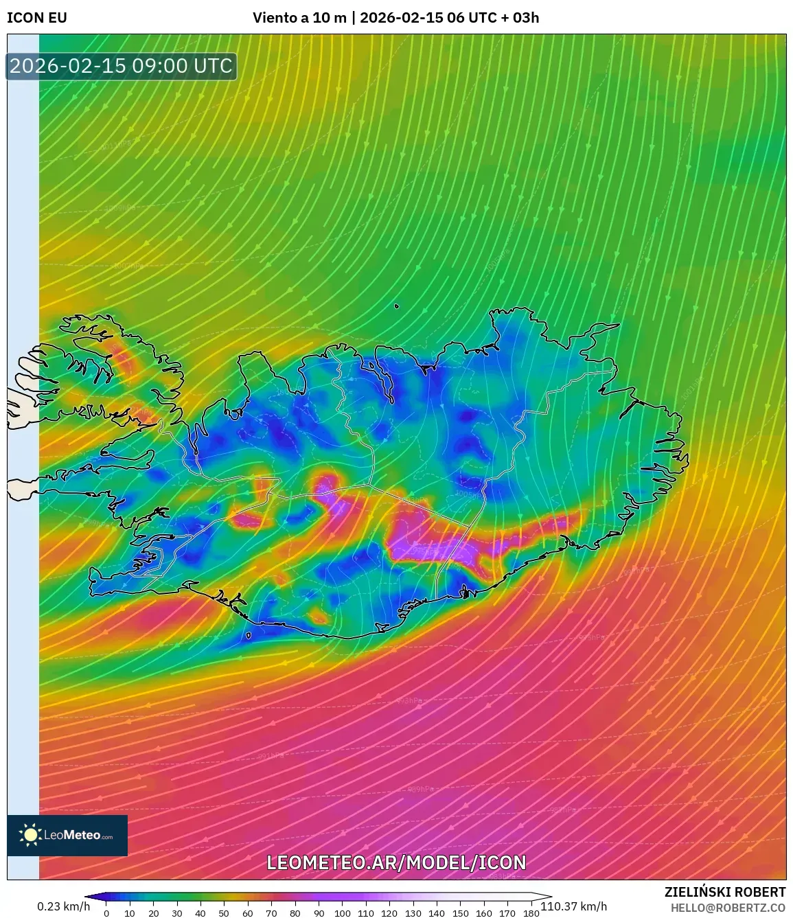 ICON model - Islandia, Viento a 10 m