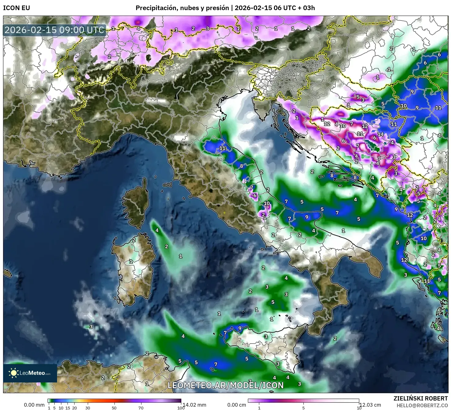 ICON model - Italia, Precipitación, nubes y presión