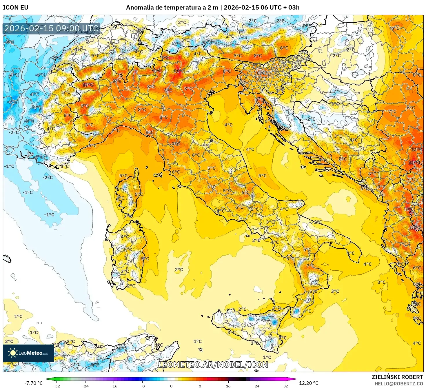 ICON model - Italia, Anomalía de temperatura a 2 m