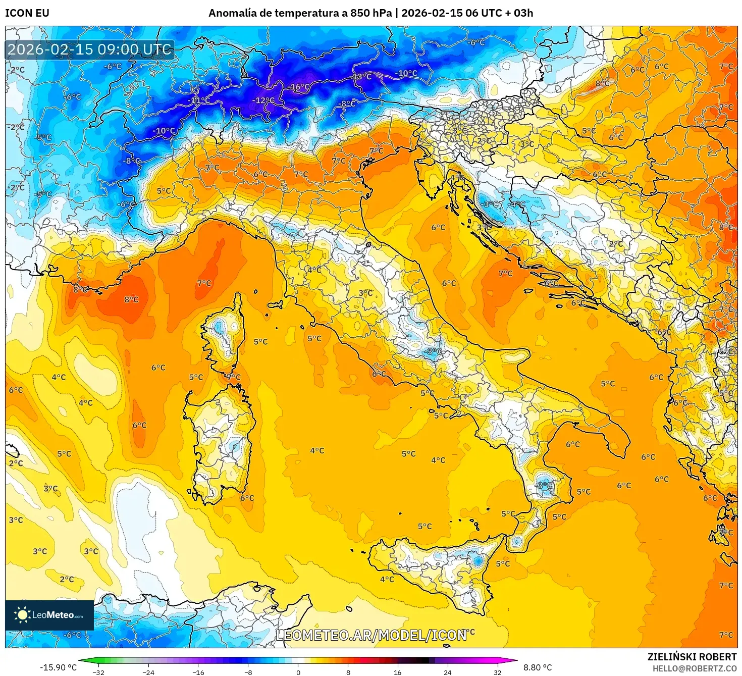 ICON model - Italia, Anomalía de temperatura a 850 hPa