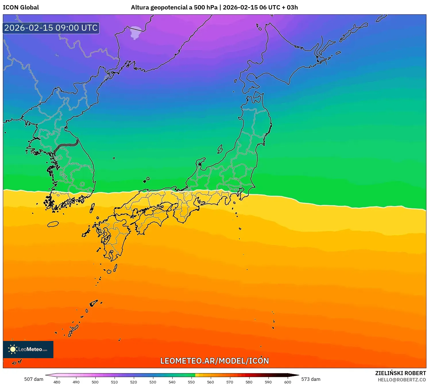 ICON model - Japón, Altura geopotencial a 500 hPa