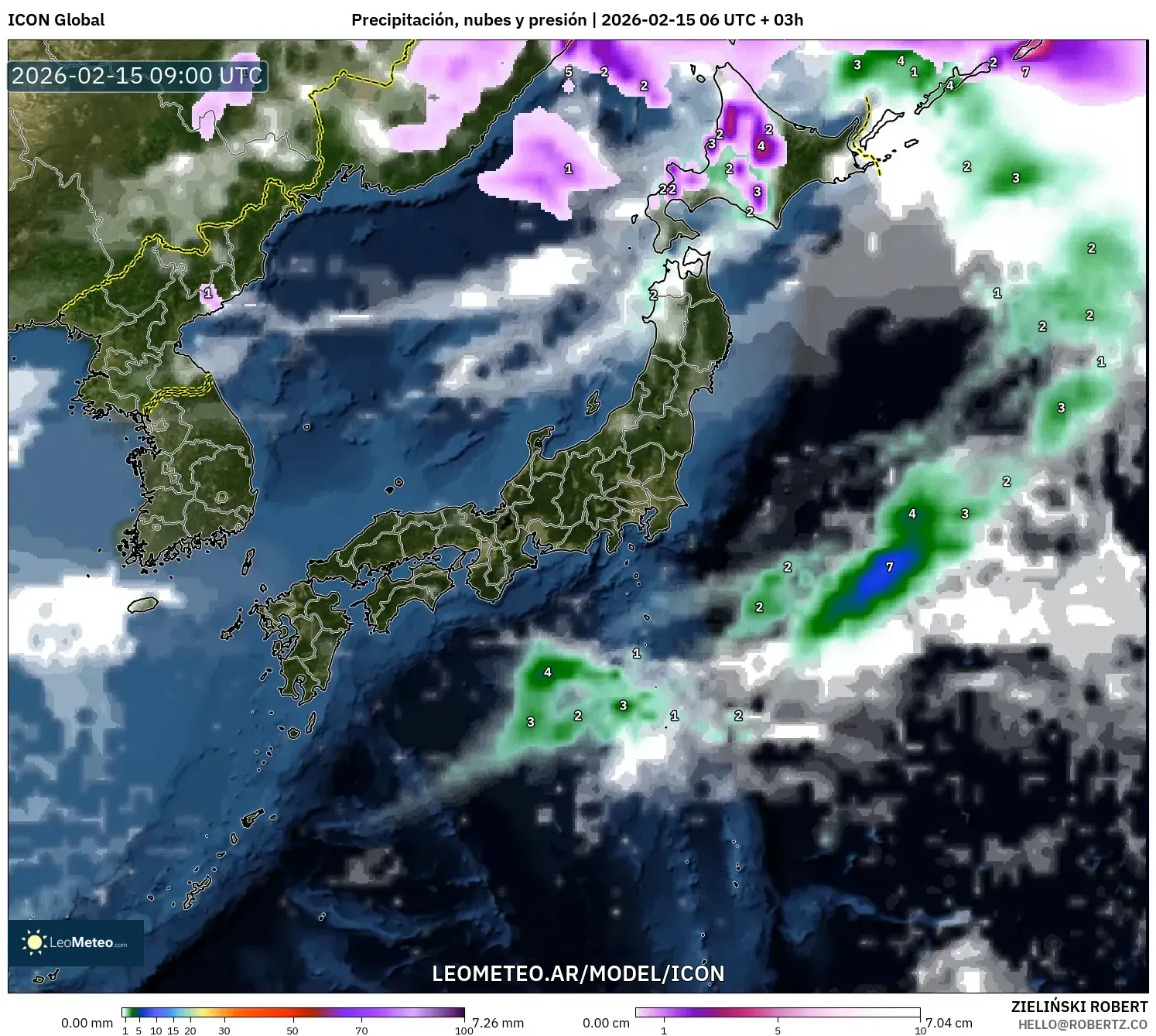 ICON model - Japón, Precipitación, nubes y presión