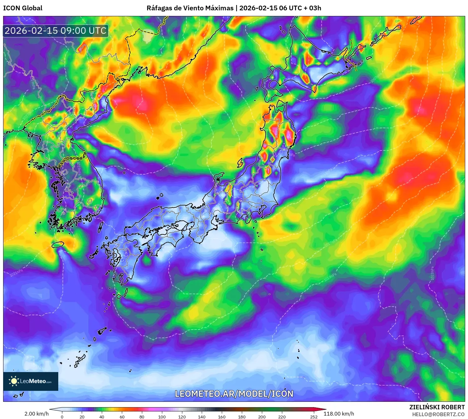 ICON model - Japón, Ráfagas de Viento Máximas