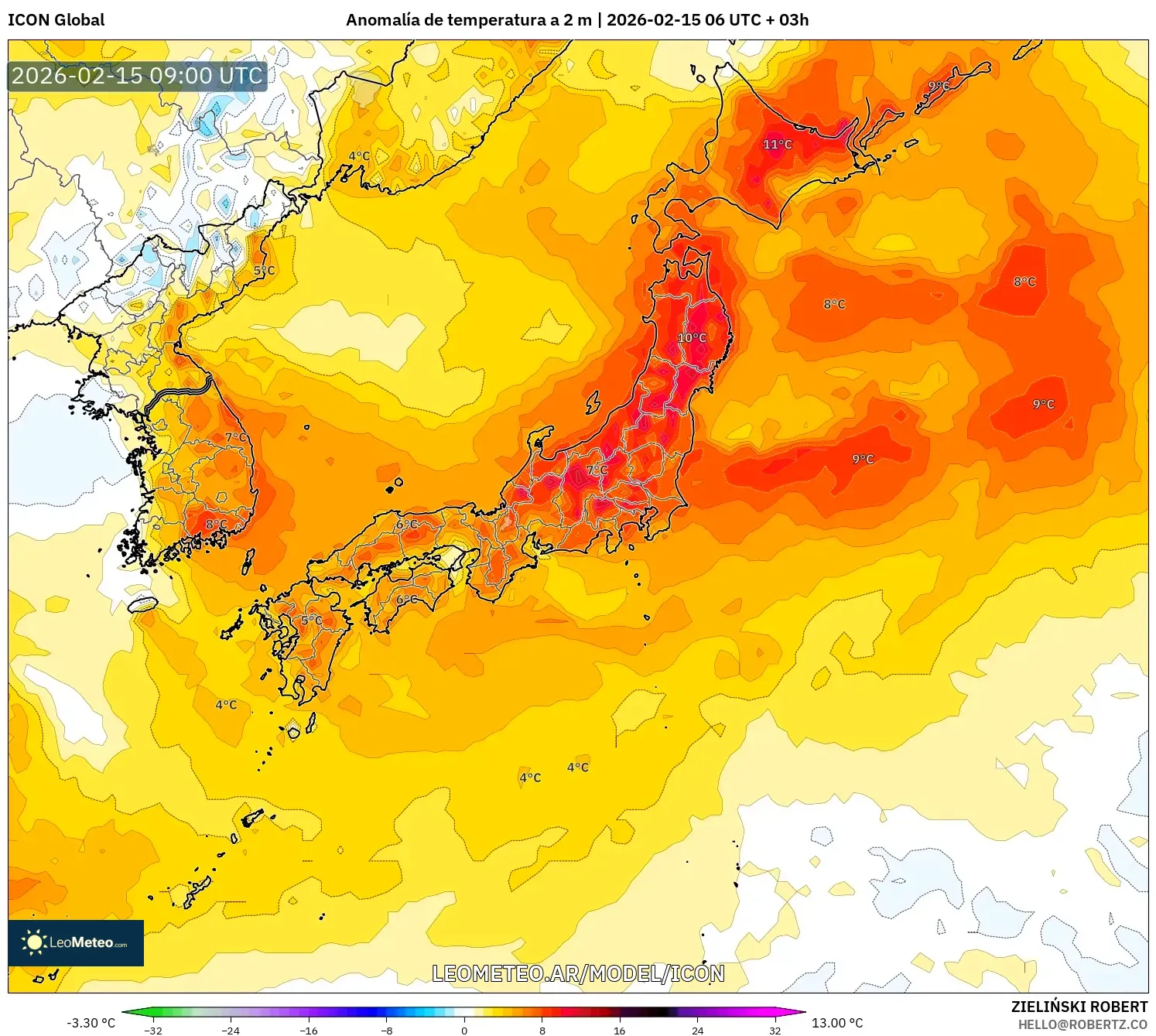 ICON model - Japón, Anomalía de temperatura a 2 m