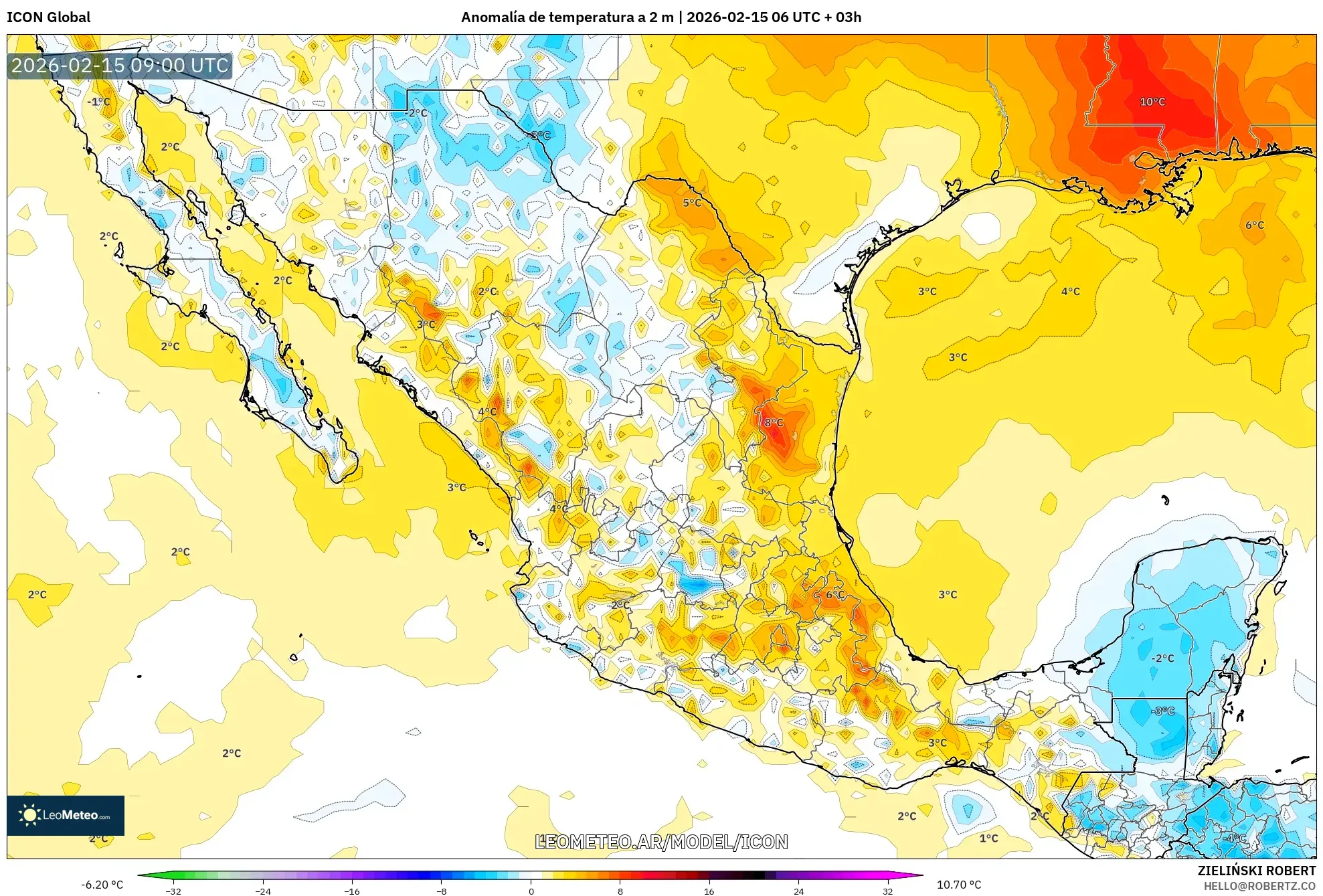 ICON model - México, Anomalía de temperatura a 2 m
