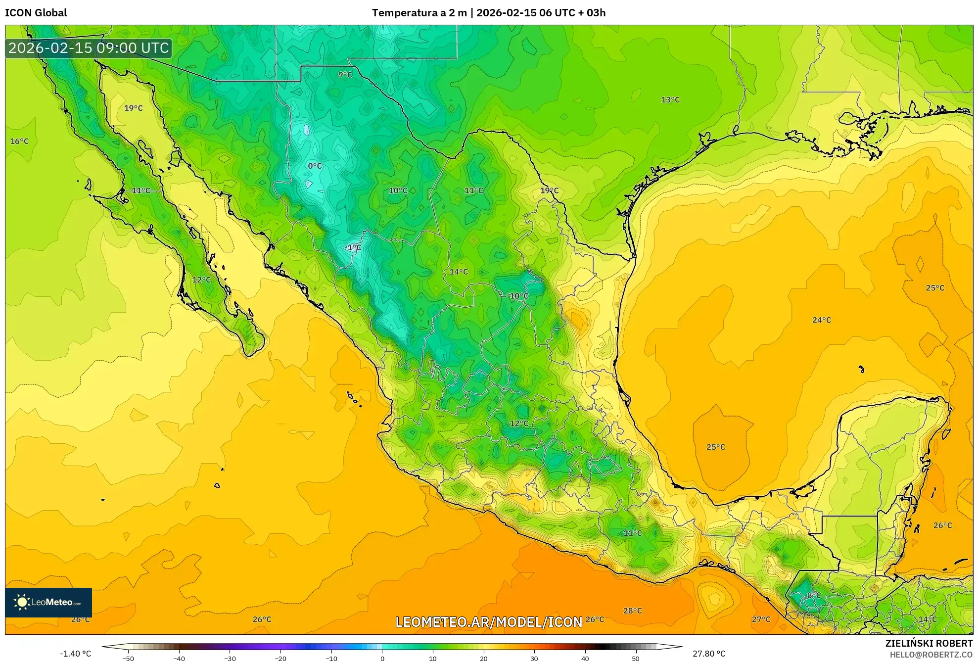 ICON model - México, Temperatura a 2 m