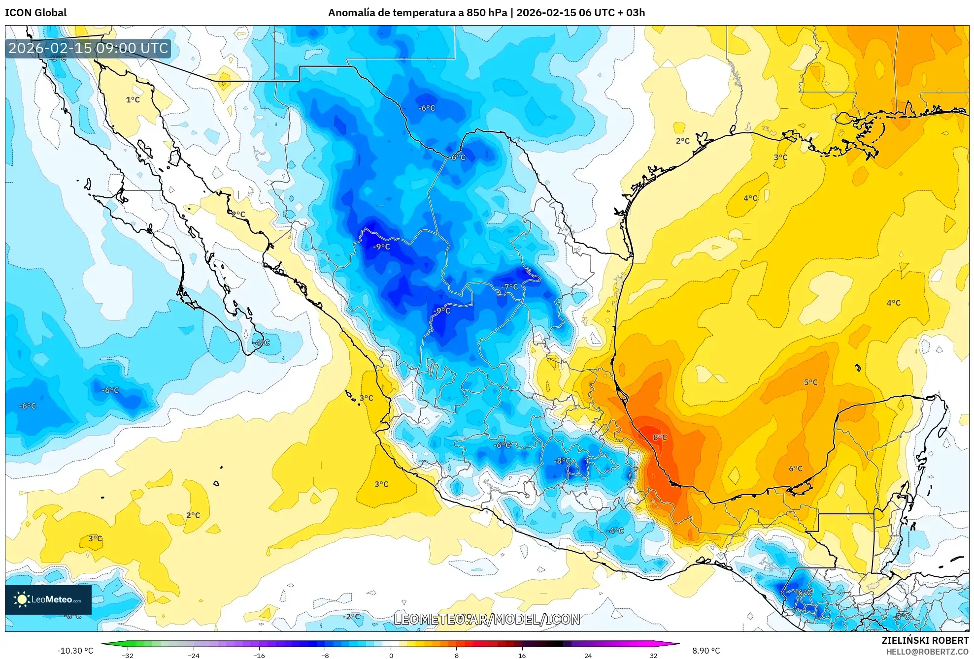 ICON model - México, Anomalía de temperatura a 850 hPa